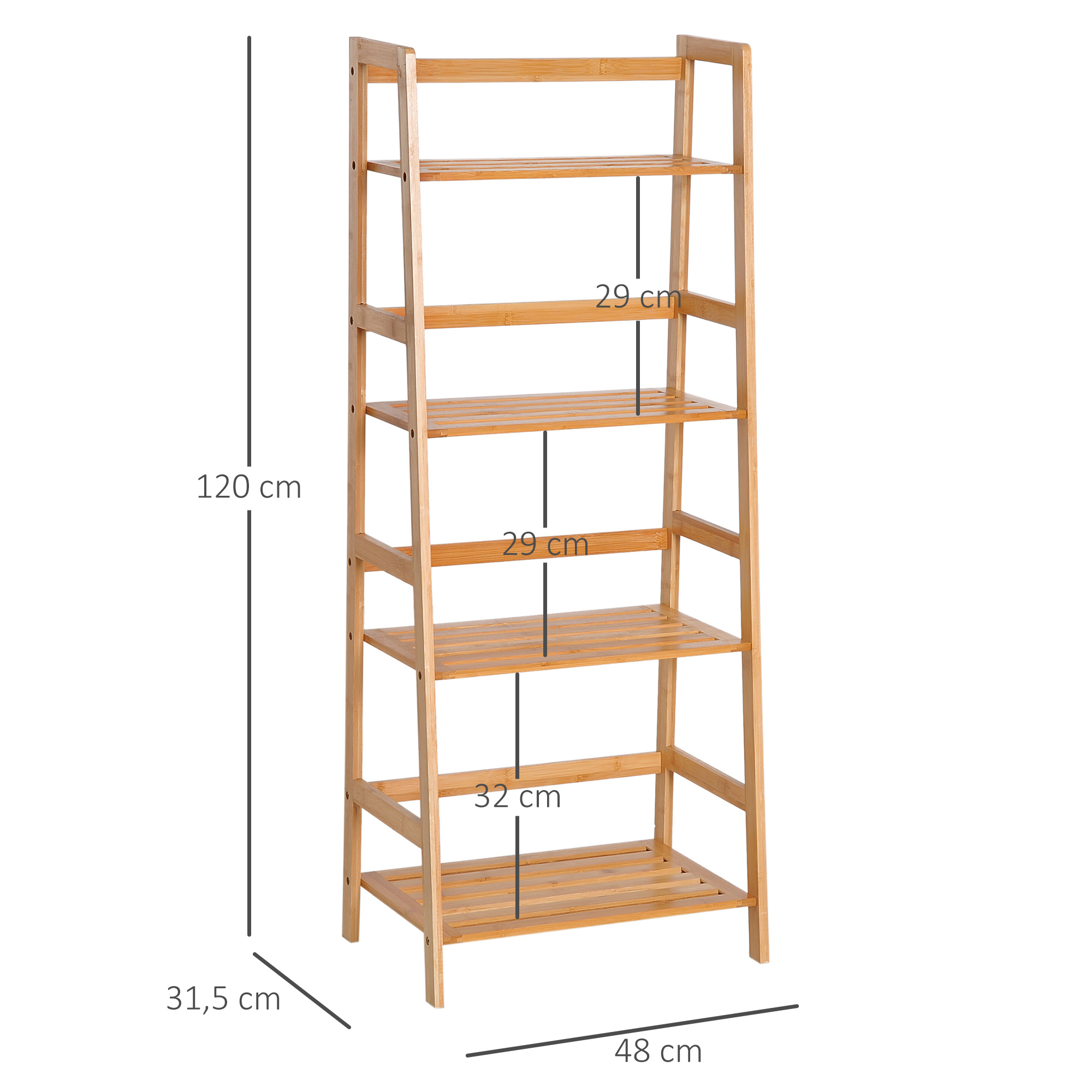 Una estantería delgada de varios niveles hecha de madera clara con estantes de listones. Se muestran dimensiones.
