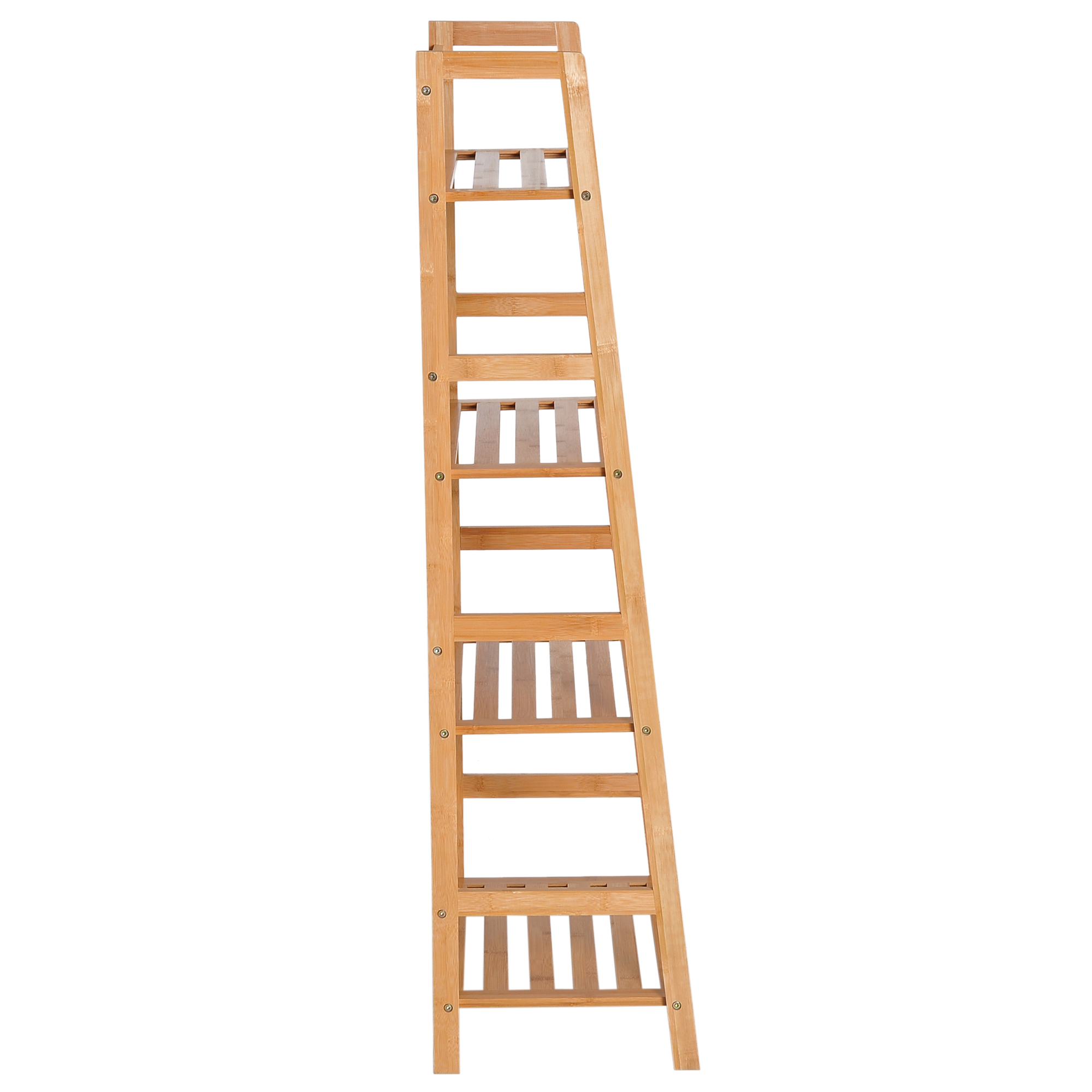 Estantería de madera independiente de varios niveles con forma de escalera.