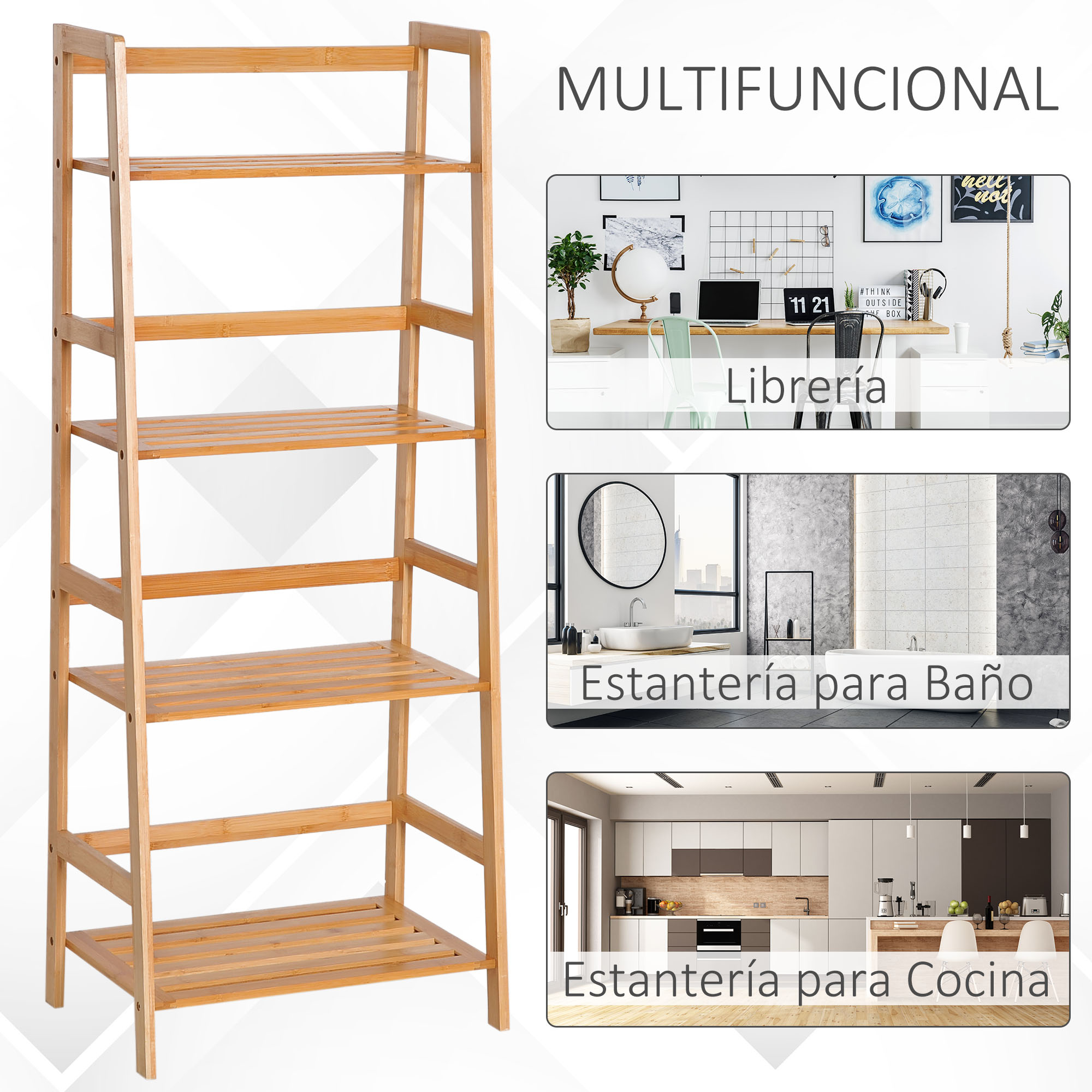 Un estante de madera de cuatro niveles, junto a imágenes de decoración de sala, baño y cocina.