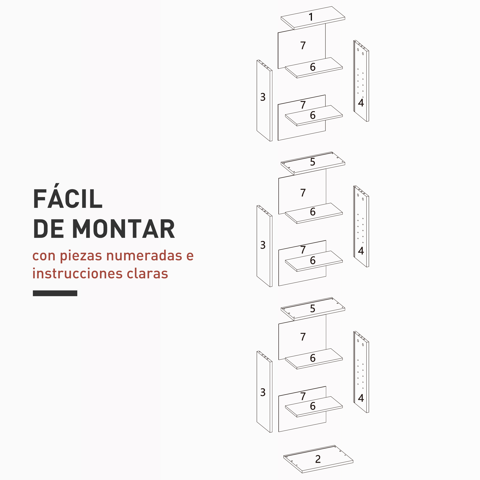 Vista explosionada de partes de muebles numeradas para montaje.
