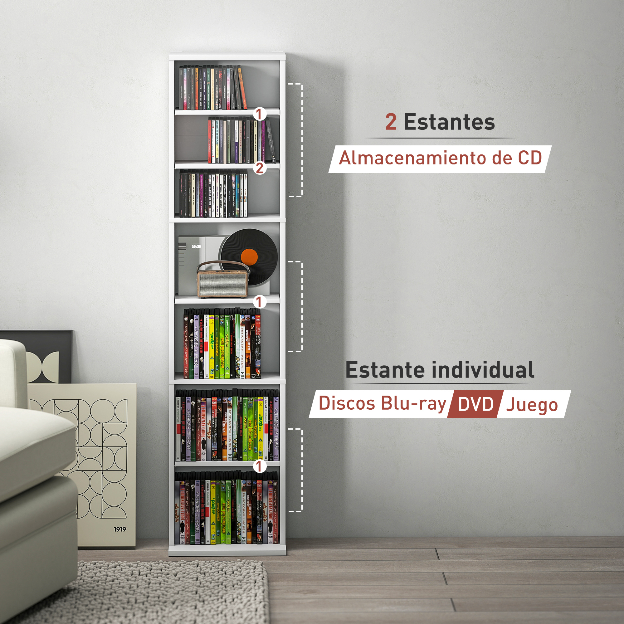 Un mueble blanco de varios estantes lleno de CDs, DVDs y Blu-rays.