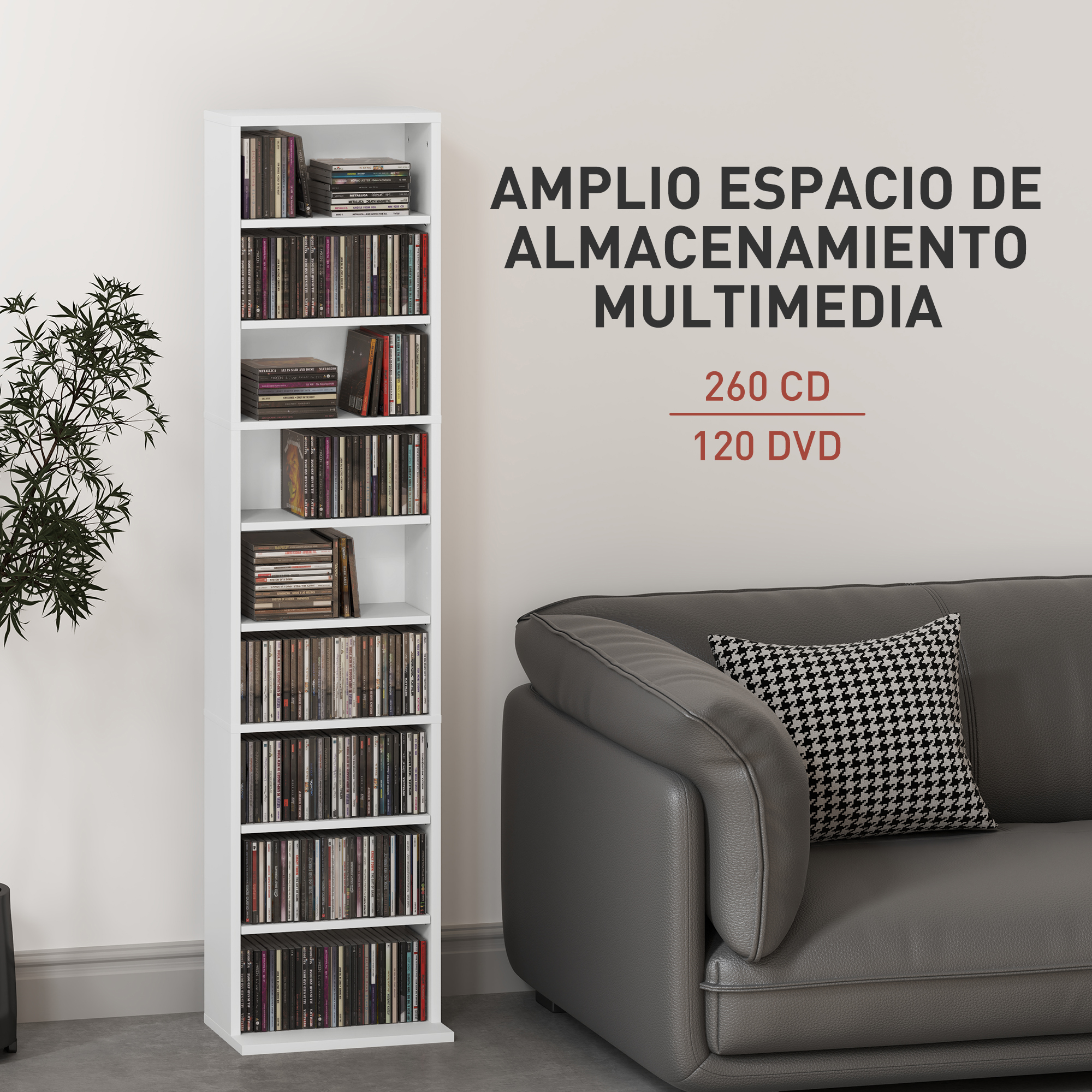 Un estante blanco lleno de CDs y DVDs, junto a un sofá gris con cojines.