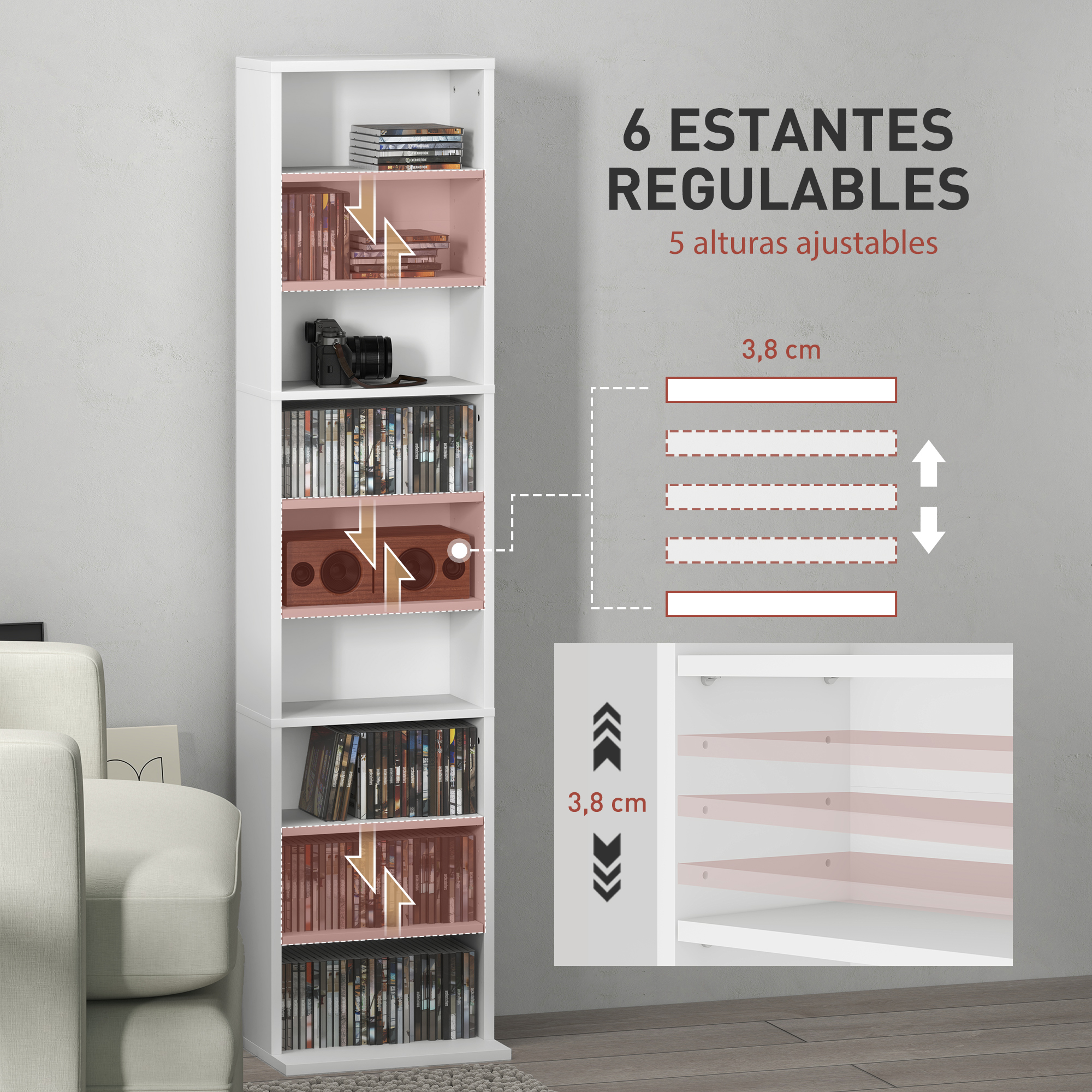 Estantería blanca con DVDs, cámara y altavoz de madera. Estantes ajustables ilustrados.