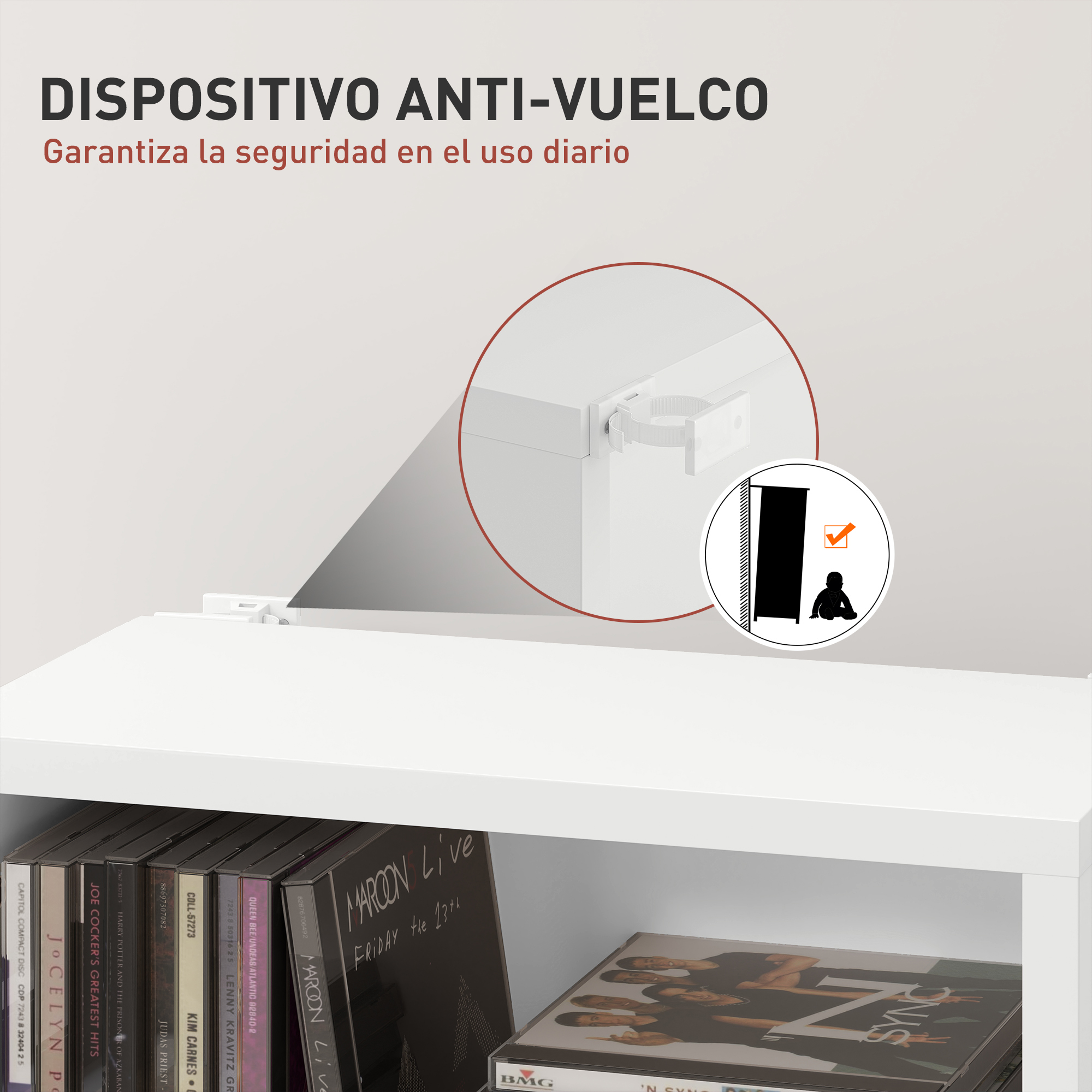 Un estante blanco con cajas de CD y un dispositivo antivuelco.