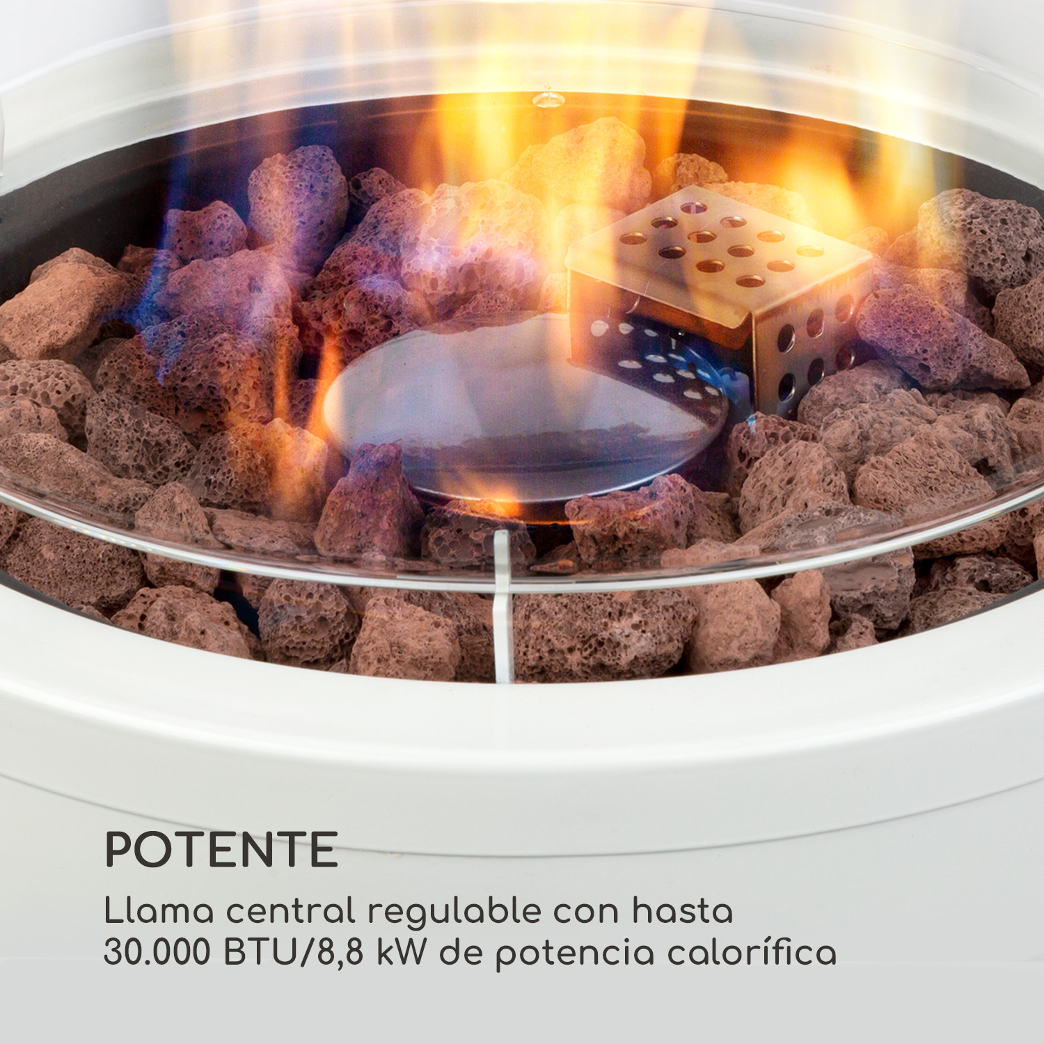 Feuerstelle mit Lava-Steinen und Flammen, mittiger Brenner mit Würfel.