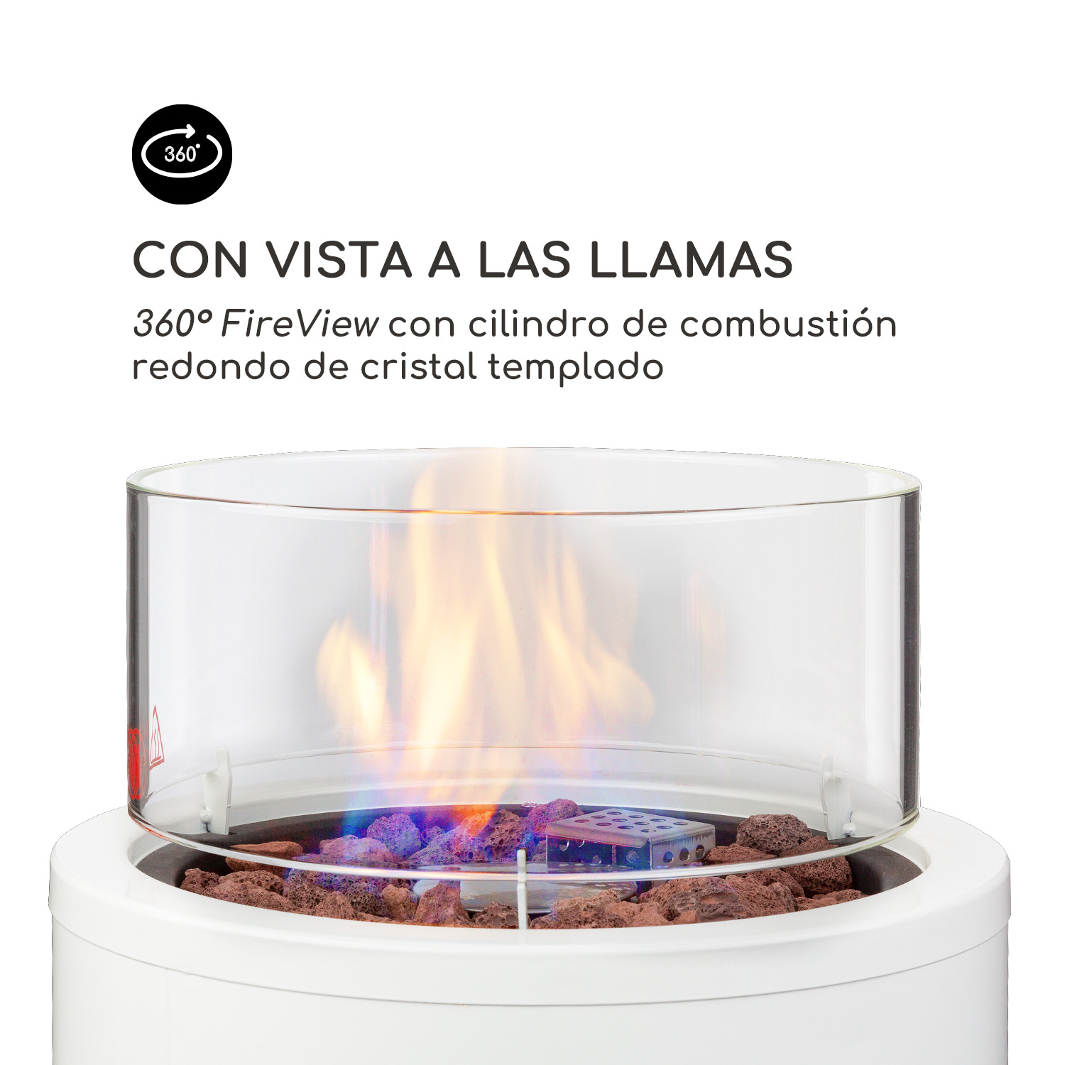 Ein weißer Tischkamin mit einem Glaszylinder, der Flammen zeigt.