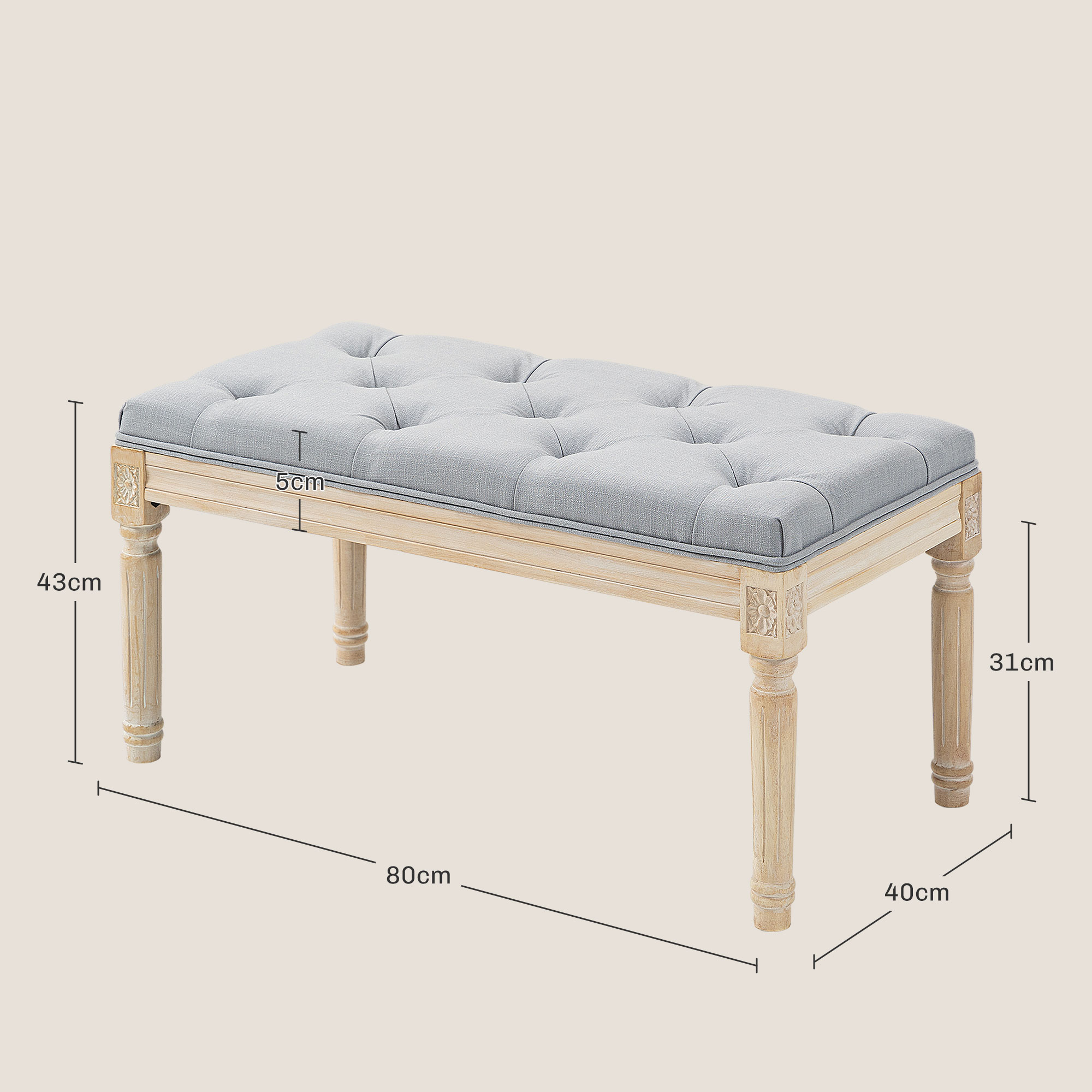 Banco tapizado gris abotonado con patas de madera, medidas 80x40x43cm.