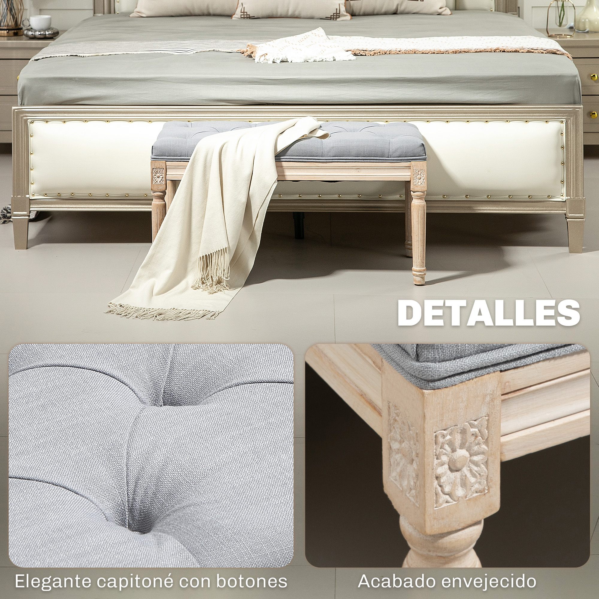 Una cama con tela gris y ropa de cama blanca, delante un banco gris con manta.