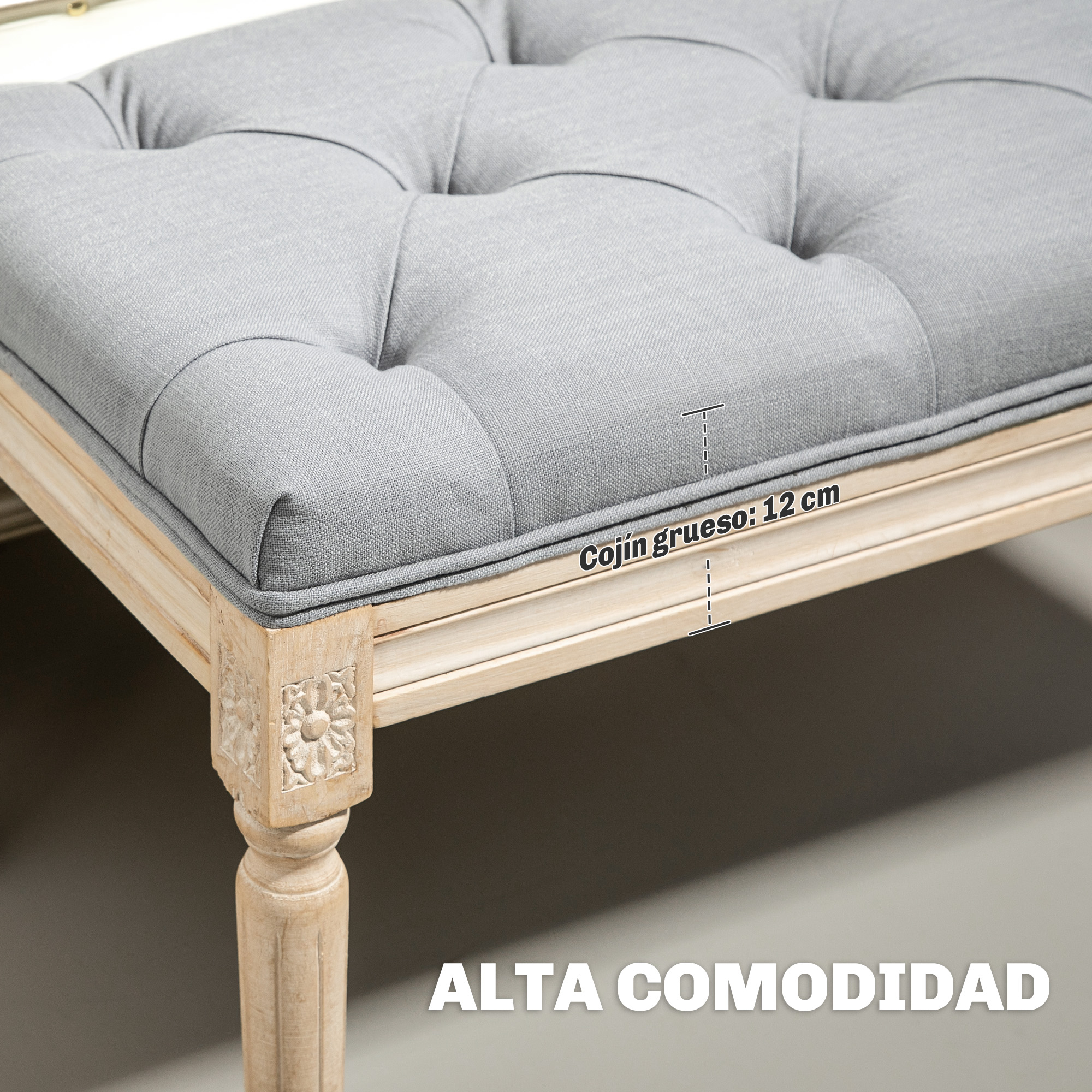 Banco tapizado gris con patas de madera tallada, cojín de 12 cm.