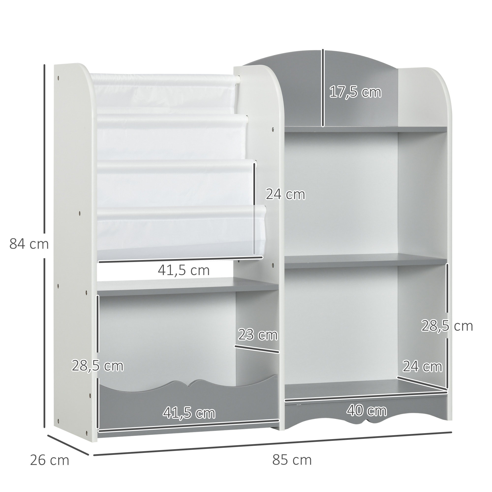 Una estantería blanca y gris con dimensiones y estantes.