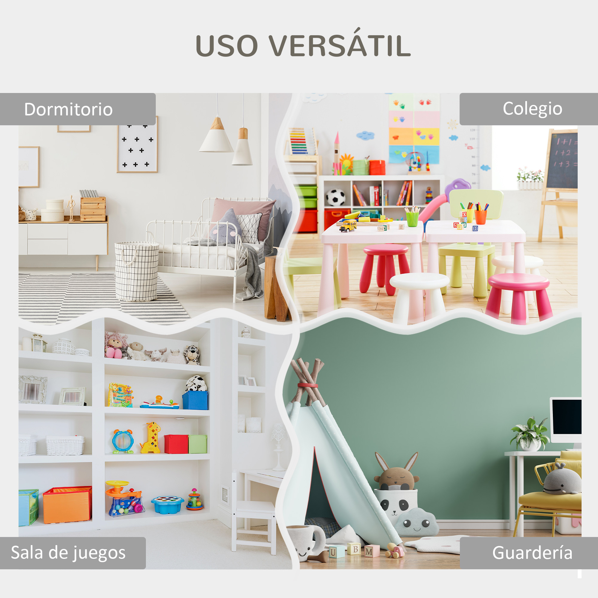 Cuatro escenas: dormitorio, aula, sala de juegos, guardería.