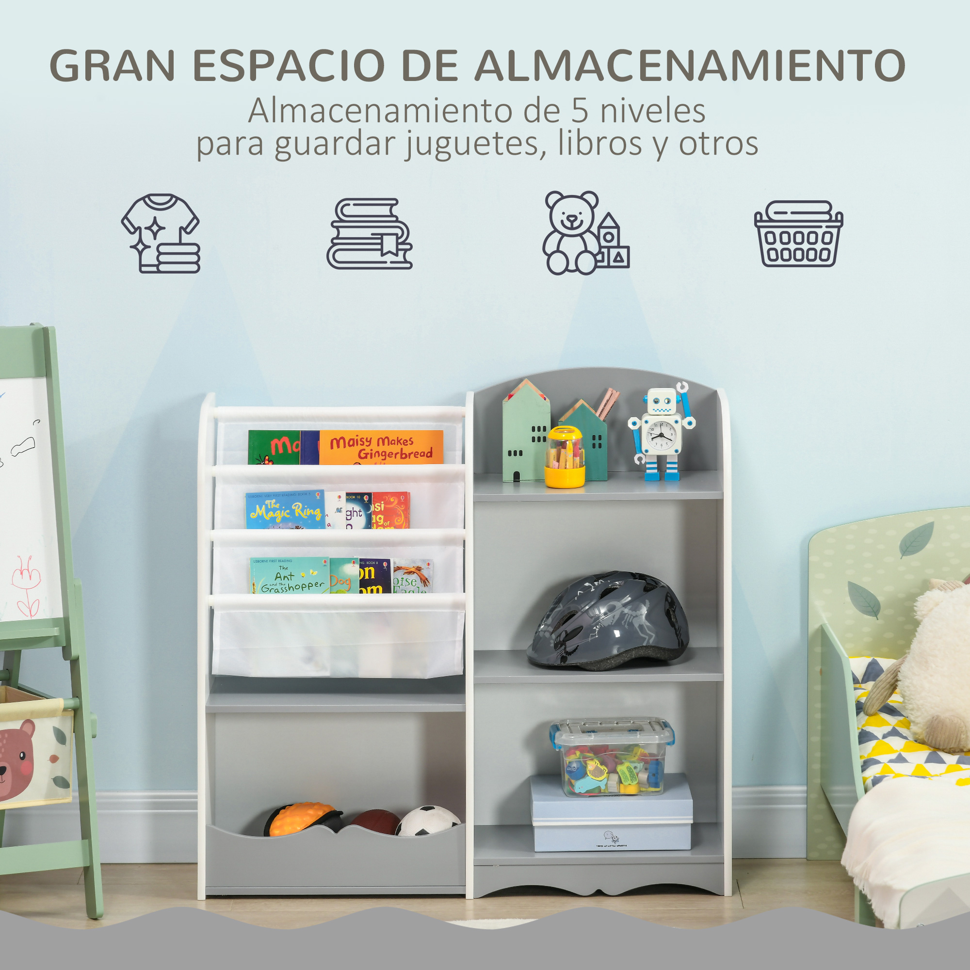 Estantería con libros, juguetes y casco. Al lado hay una cama.