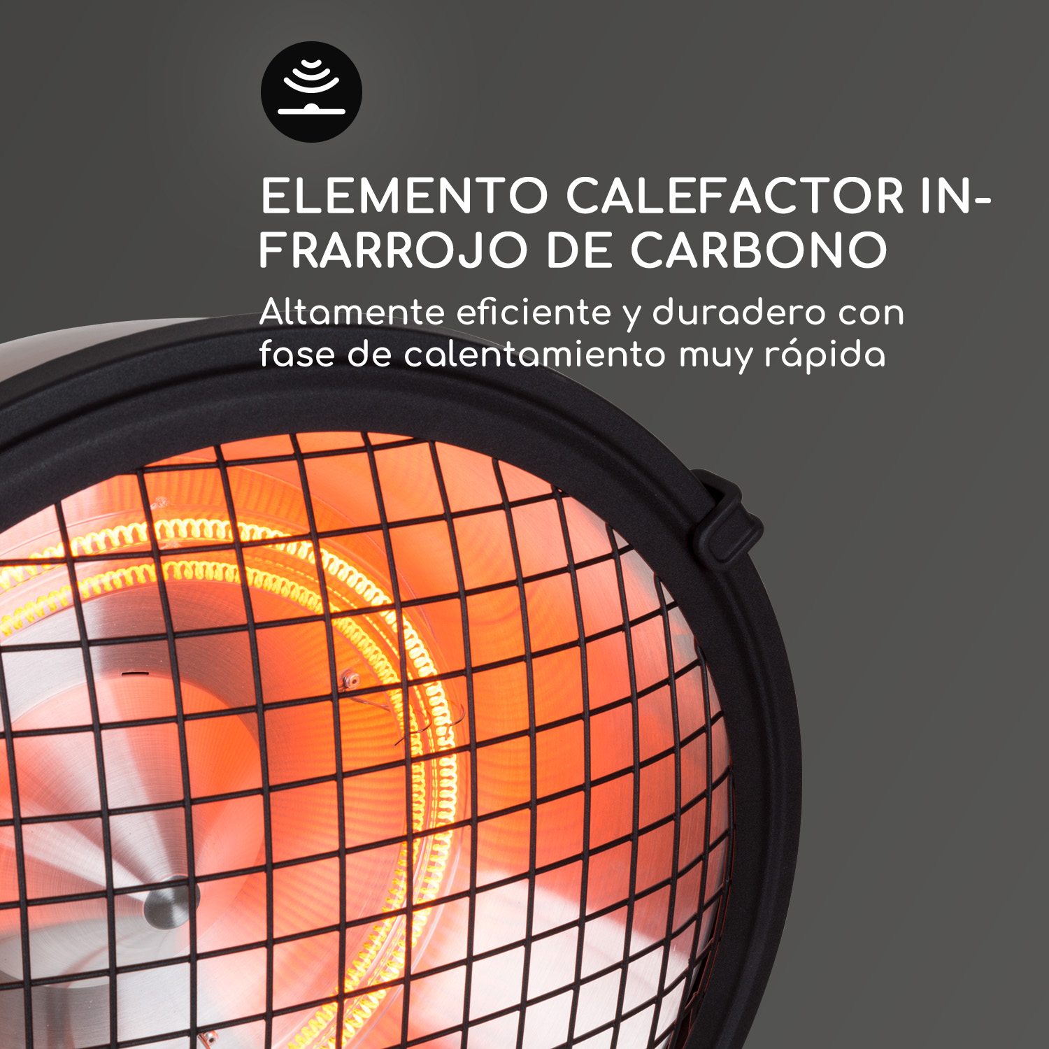 Elemento riscaldante a infrarossi al carbonio con spirale incandescente dietro griglia nera.