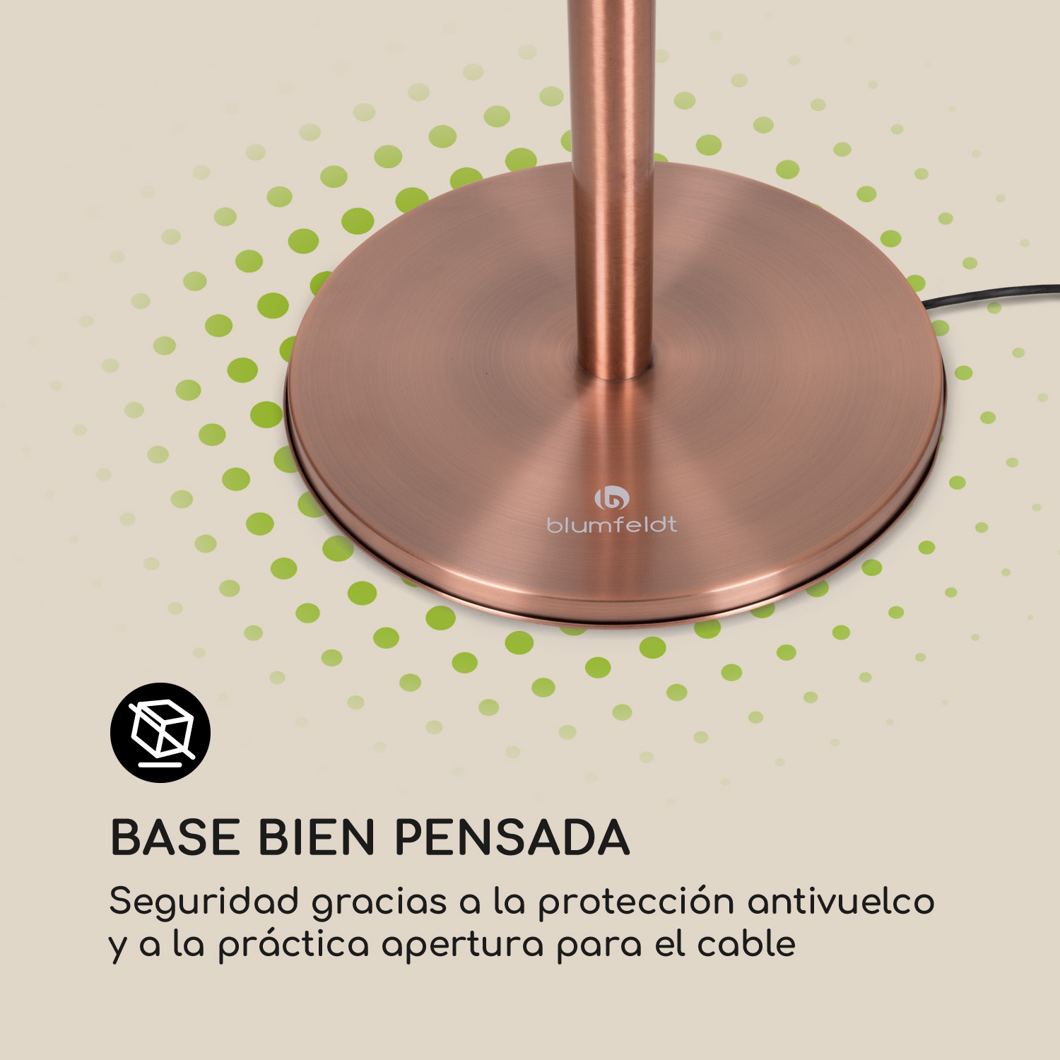 Base tonda color rame per lampada con logo Blumfeldt e uscita cavo.
