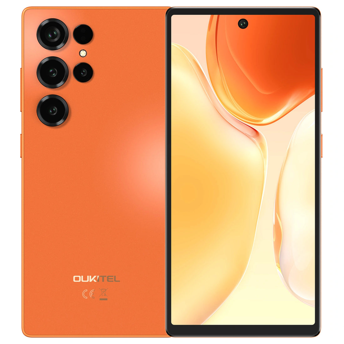 Teléfono inteligente naranja con múltiples cámaras traseras y pantalla brillante con gráficos abstractos naranjas y amarillos.
