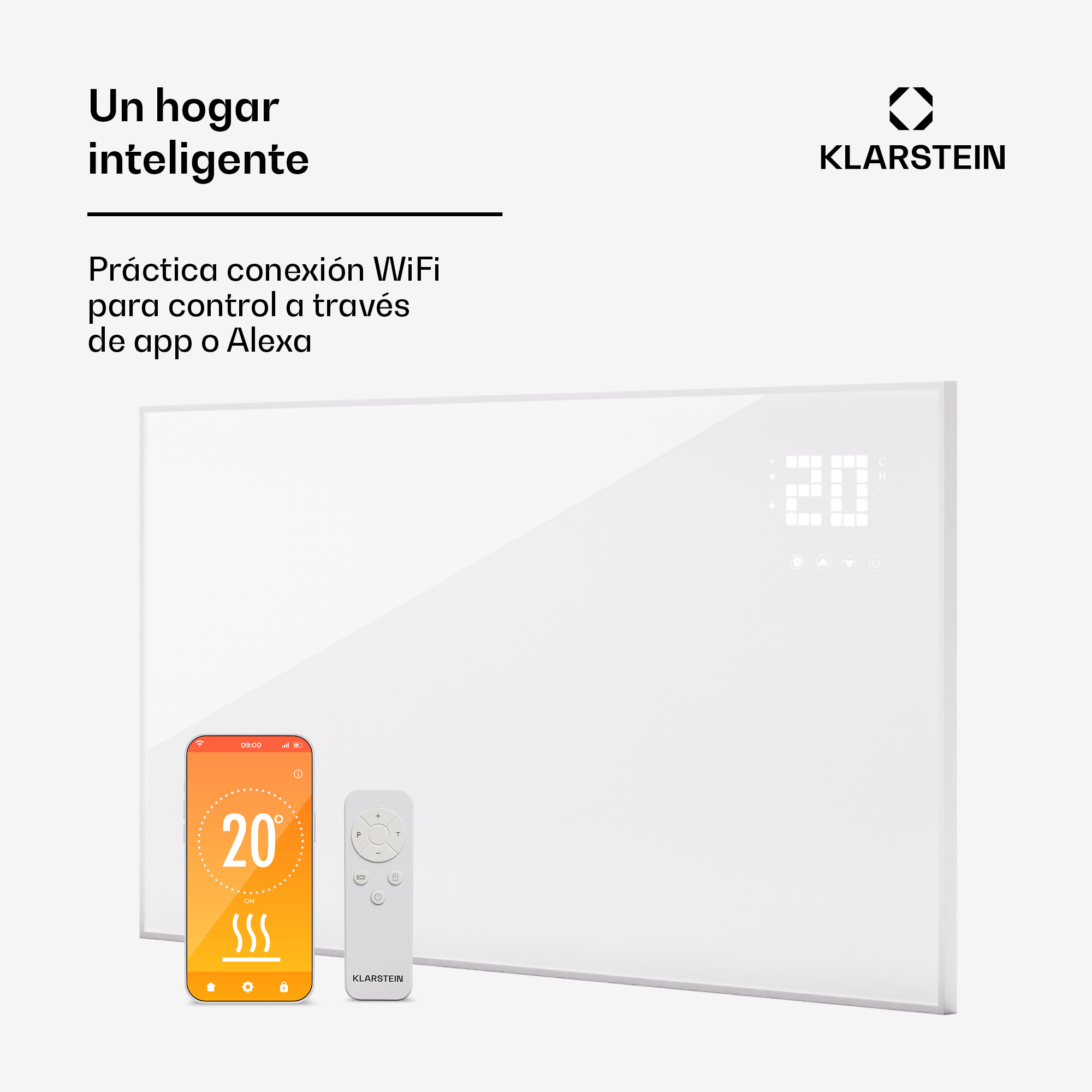Un pannello riscaldante bianco con telecomando e vista app.