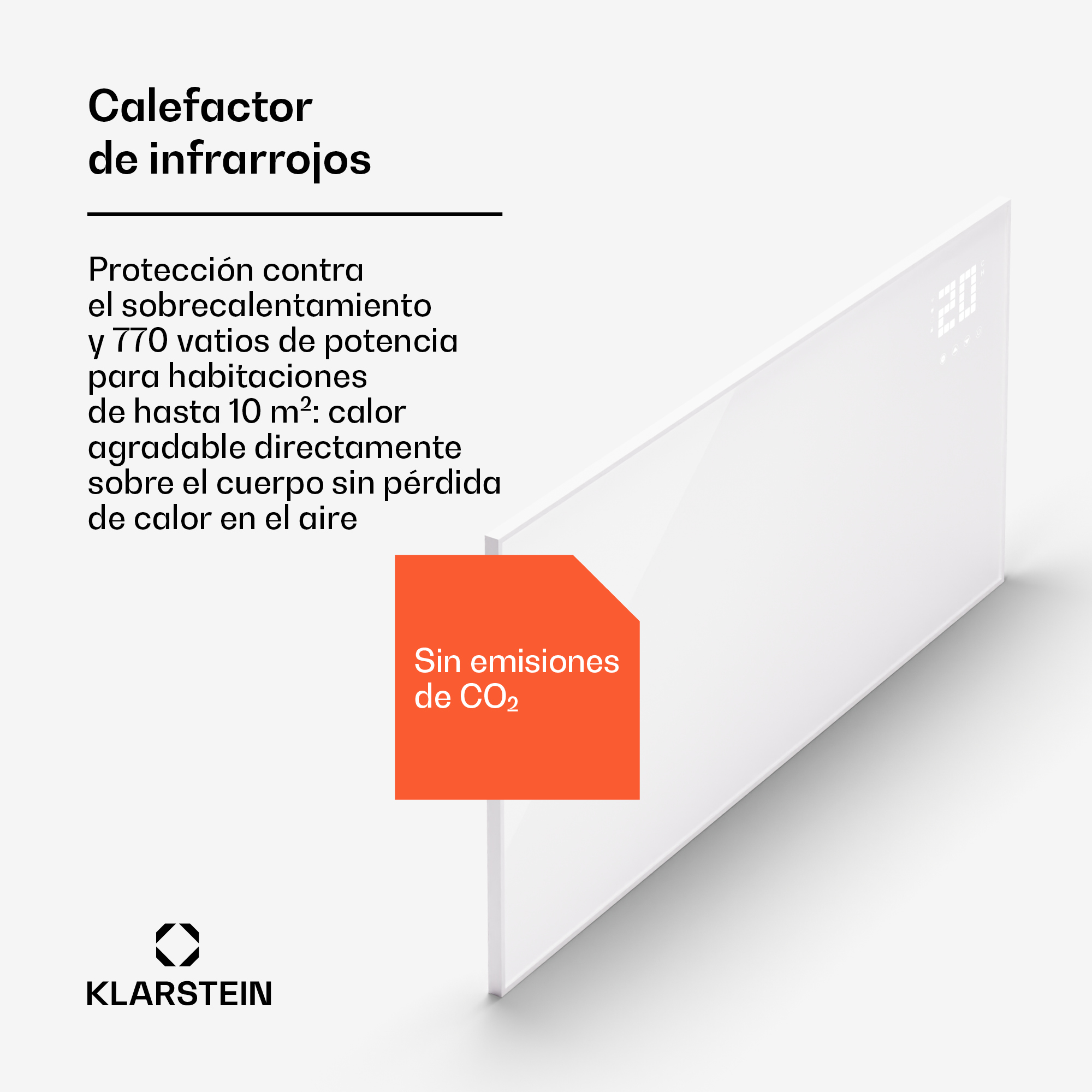 Un termoventilatore a infrarossi bianco Klarstein con display digitale e avviso arancione.