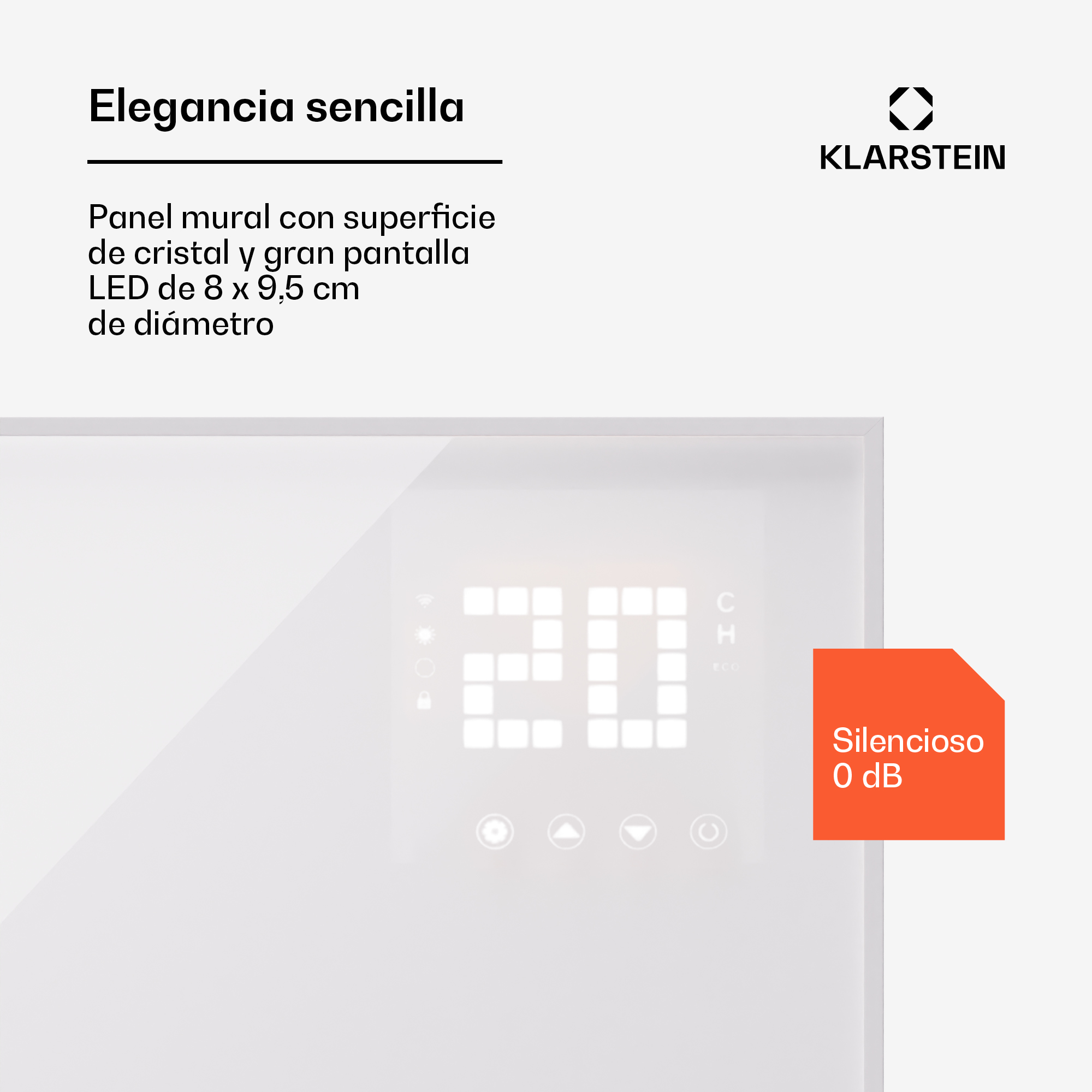 Riscaldatore da parete bianco con display LED 20°C e logo Klarstein.