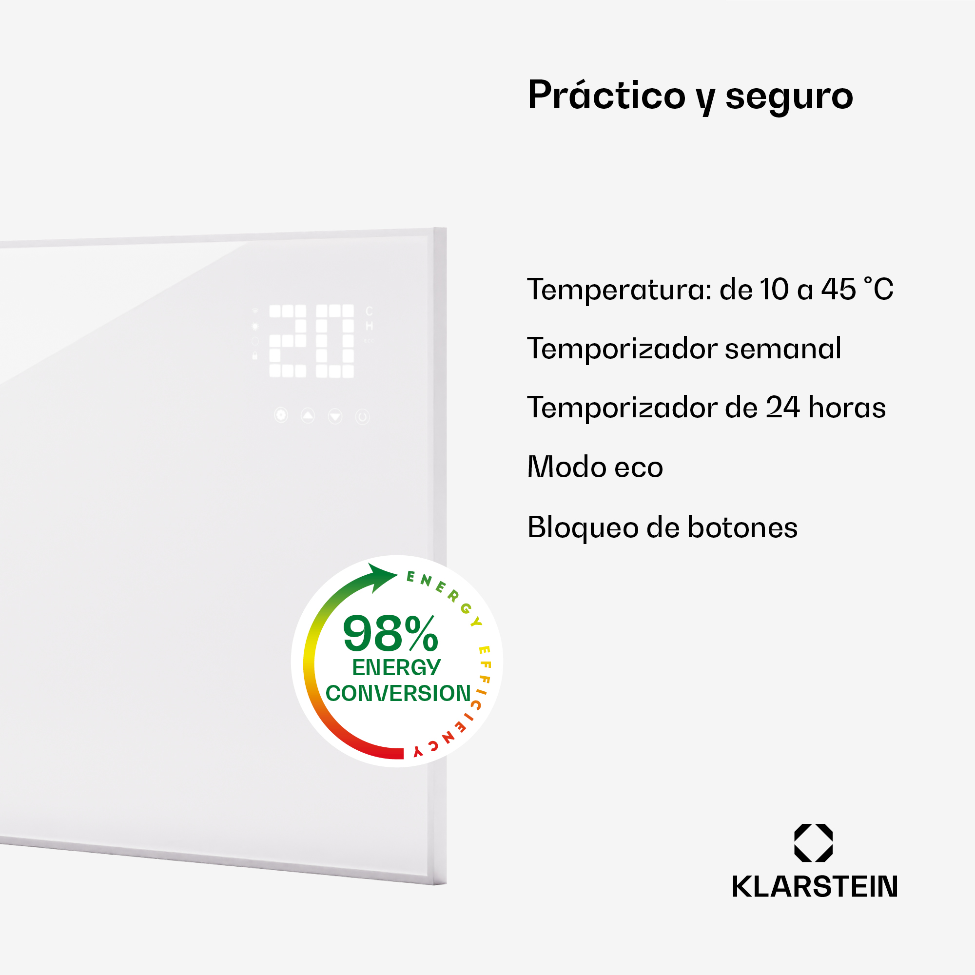 Un riscaldatore bianco con display digitale di 20 gradi, logo efficienza energetica e testo.