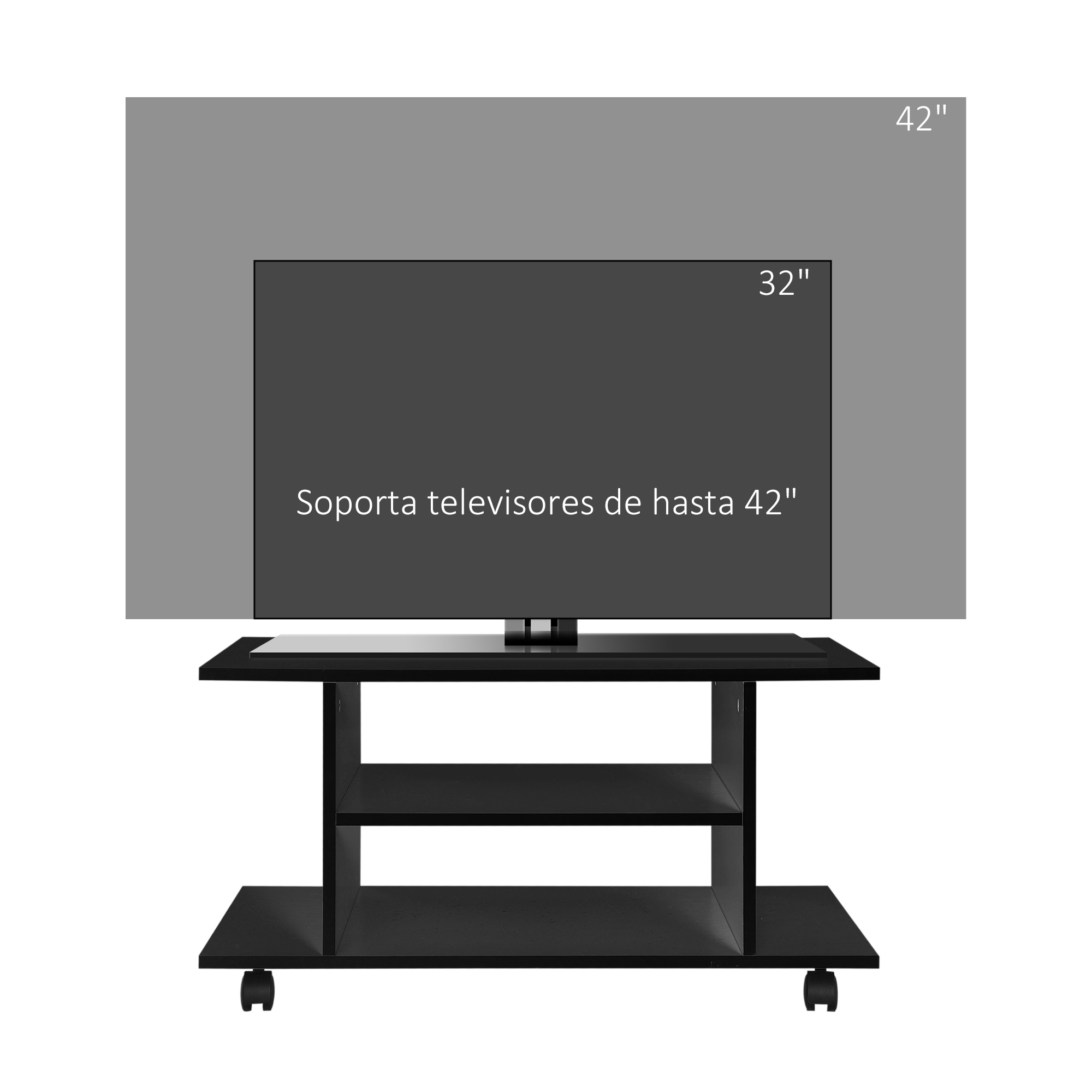 Un soporte de TV negro con ruedas soporta un televisor negro.