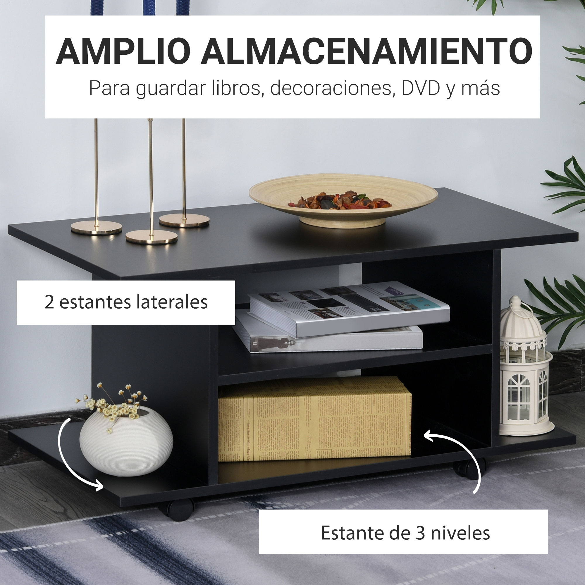 Mesa de centro negra de 3 niveles con jarrón redondo y libros.