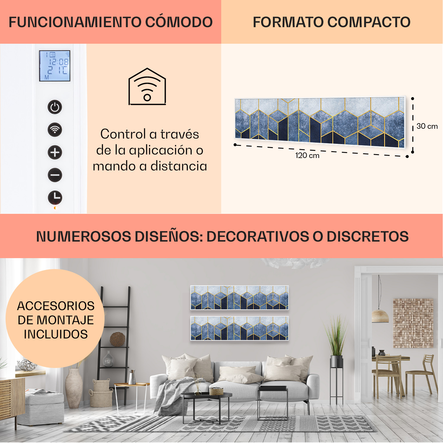 Pannello di controllo con display, pulsanti e controllo app. Design compatto, 120x30 cm.