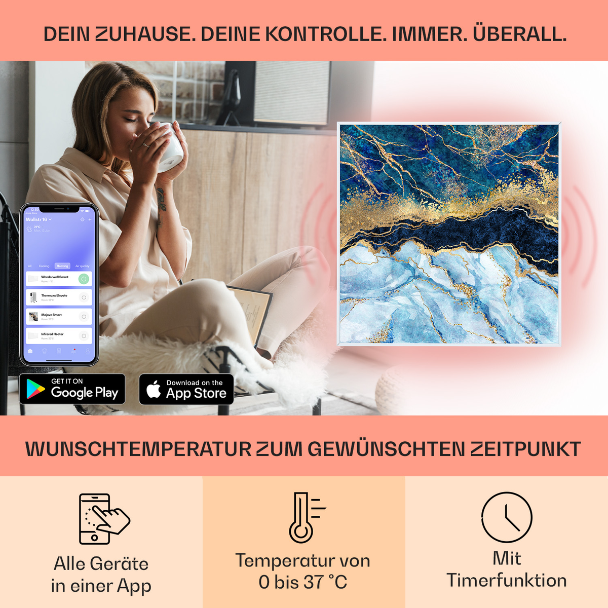 Donna beve caffè accanto a un'app per smartphone e arte moderna.