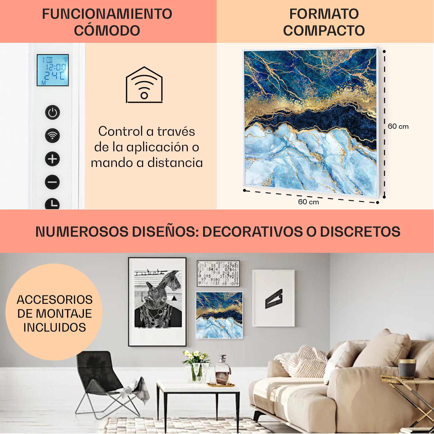 Un pannello di controllo del riscaldatore, opere d'arte e un soggiorno.