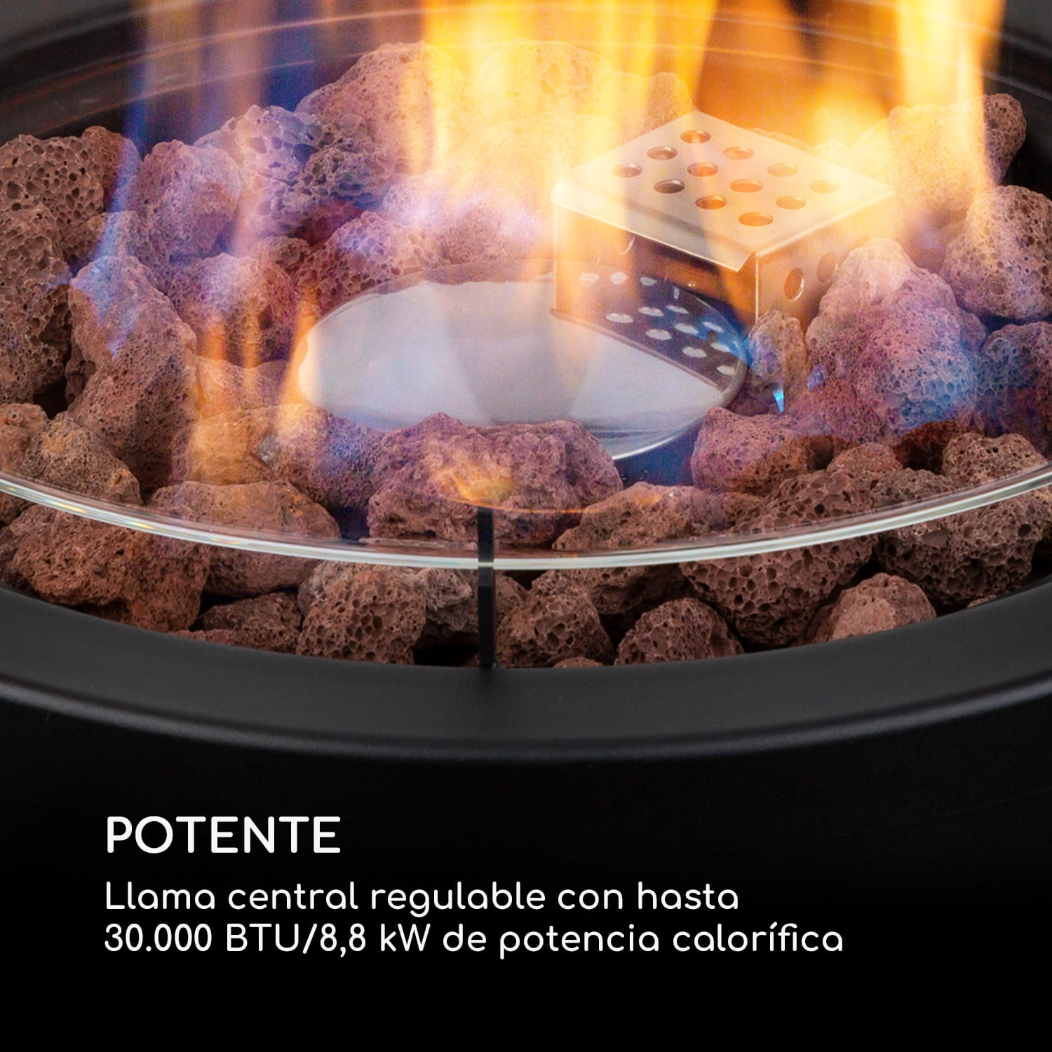 Brennende Lava-Steine mit Flammen und Metallzubehör in einem schwarzen Gehäuse.