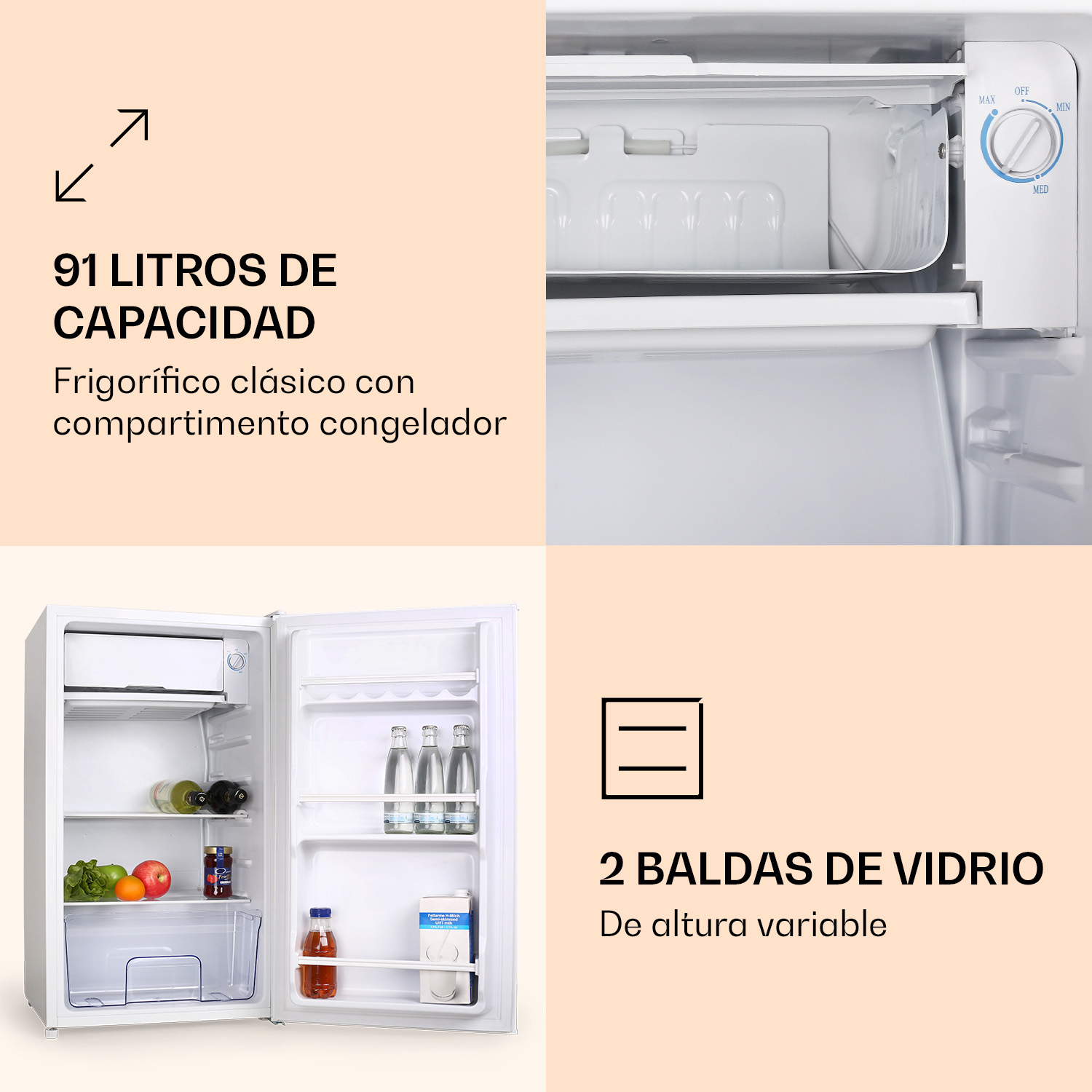 Un frigorifero bianco con la porta aperta, pieno di bottiglie, frutta e contenitori.