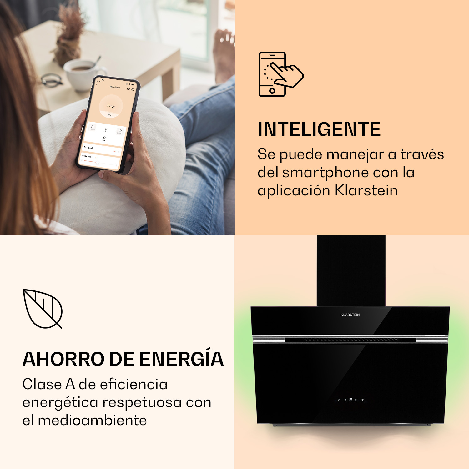 Manos sujetan un smartphone con la app Klarstein. A su lado, una campana extractora negra.
