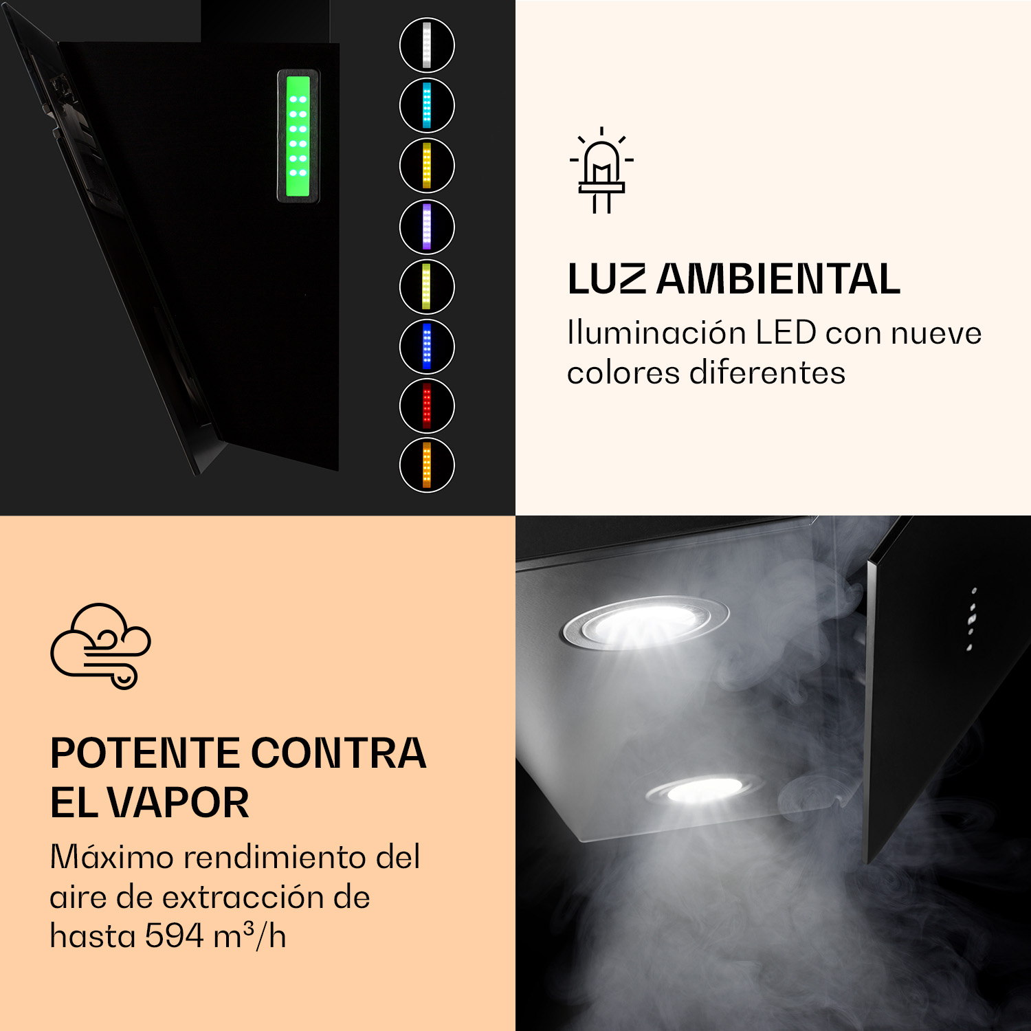 Campana extractora negra con iluminación LED y extracción de vapor. Luces multicolor.