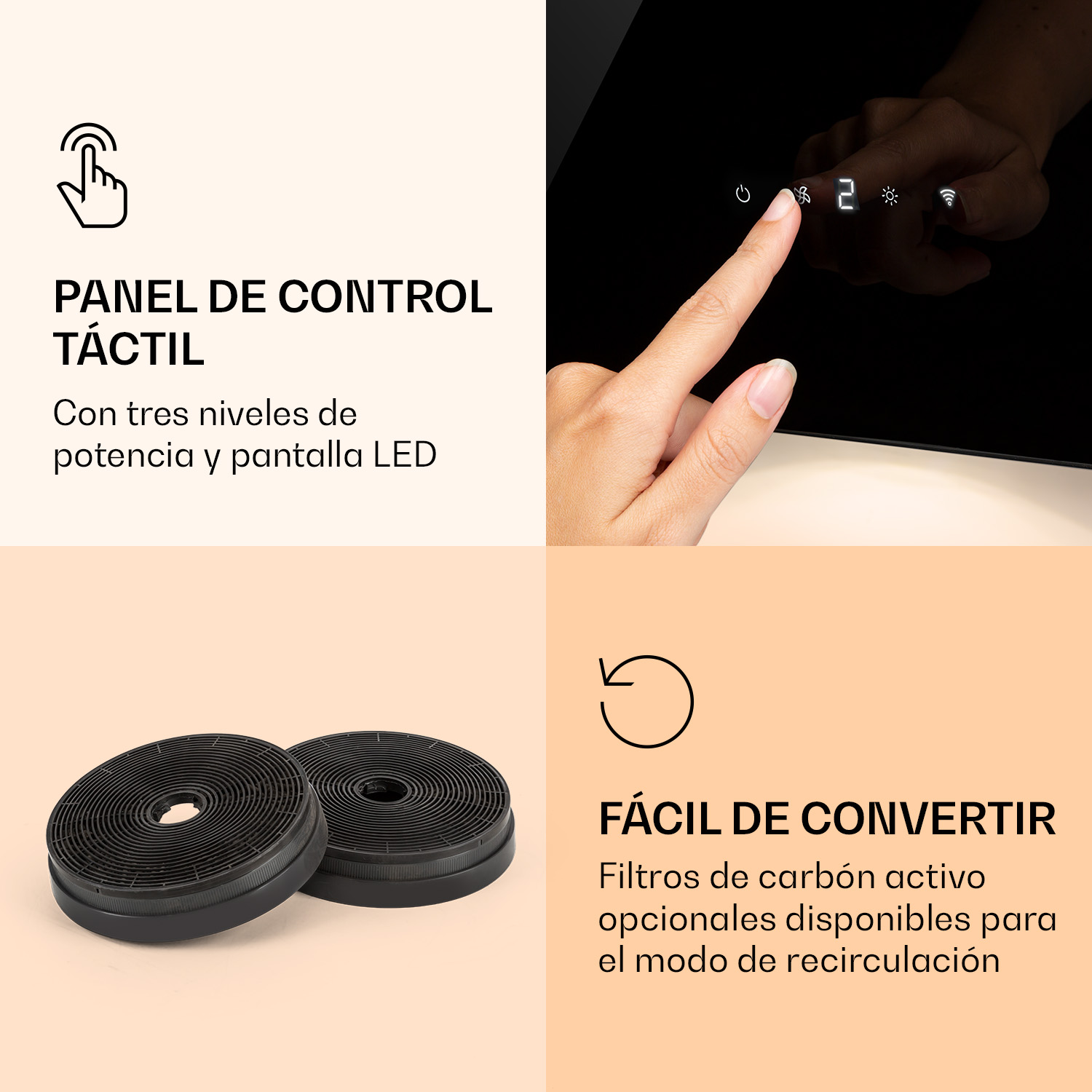 Un dedo toca un panel táctil con pantalla LED. Dos filtros de carbón están al lado.