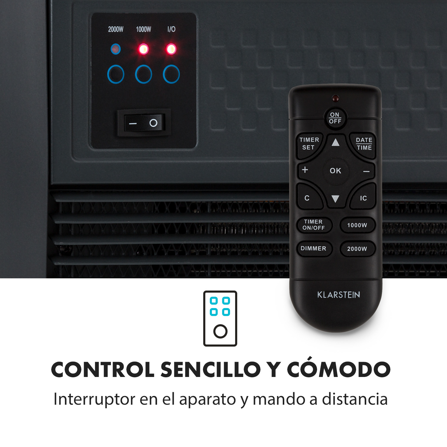 Una stufa nera con telecomando e pannello di controllo. Luci blu e rosse illuminate.