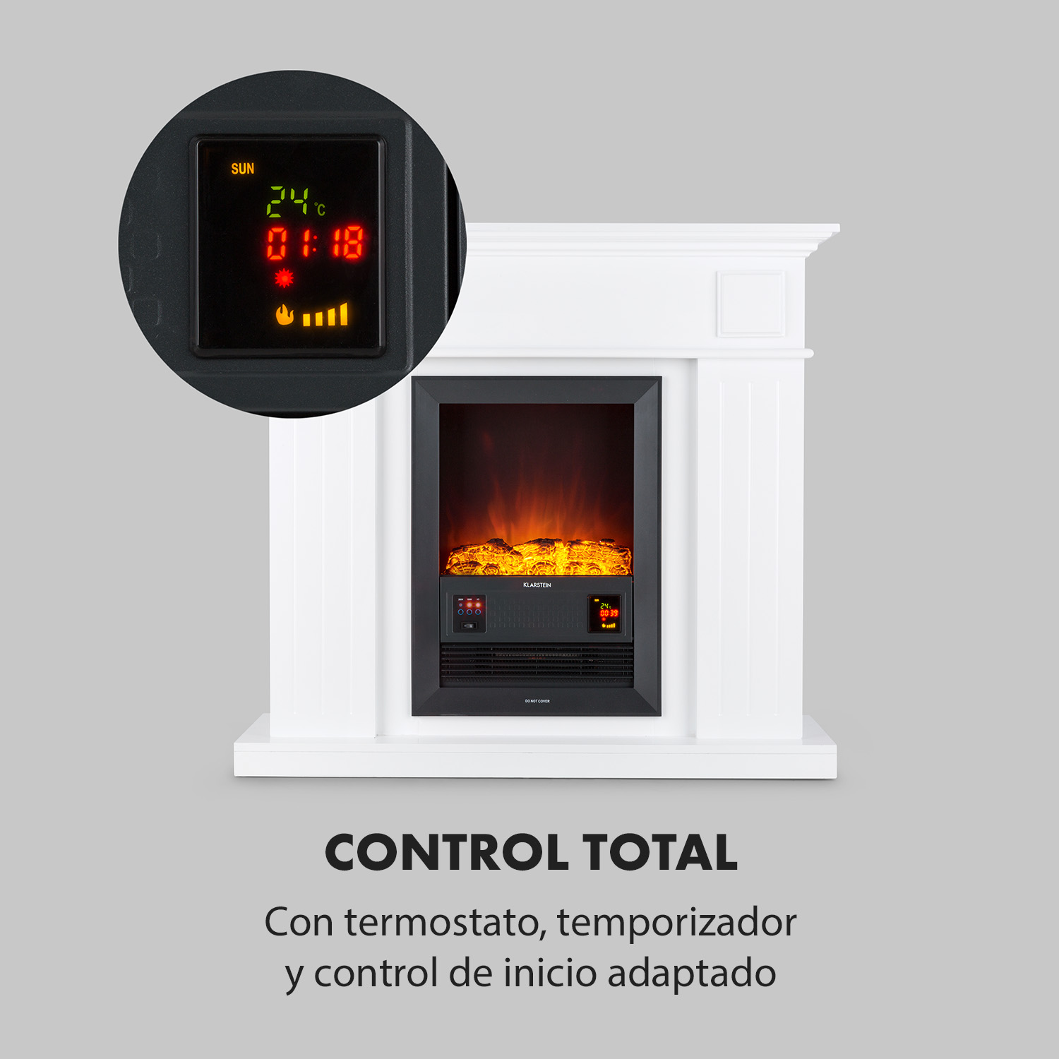 Un caminetto elettrico bianco con display digitale che mostra 24°C e 01:18.