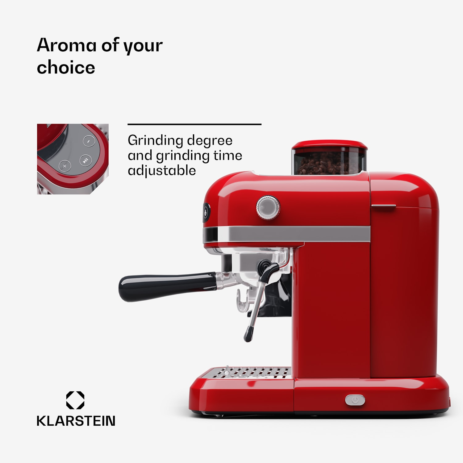 Cafetera roja con tolva para granos de café y botones de control.