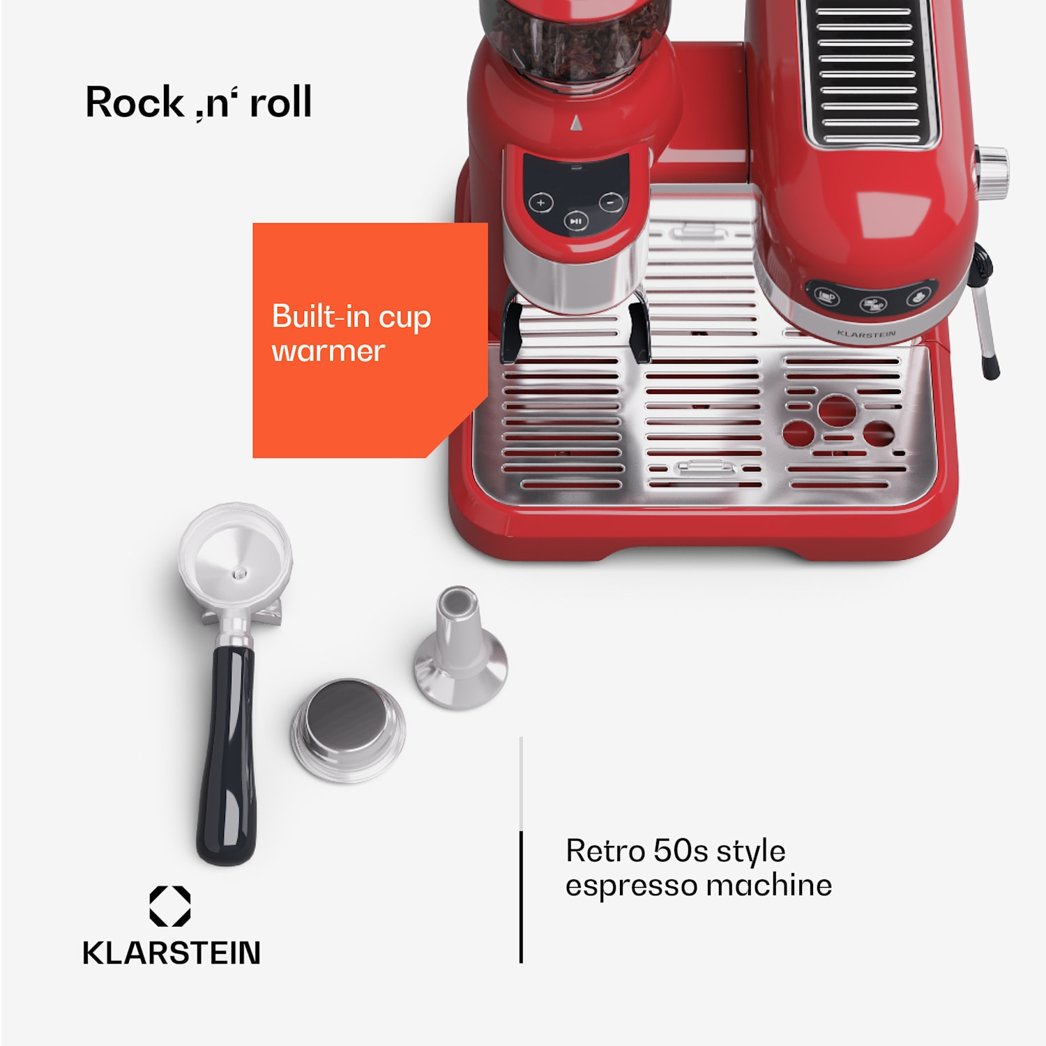 Una máquina de espresso retro roja con molinillo y calentador de tazas.