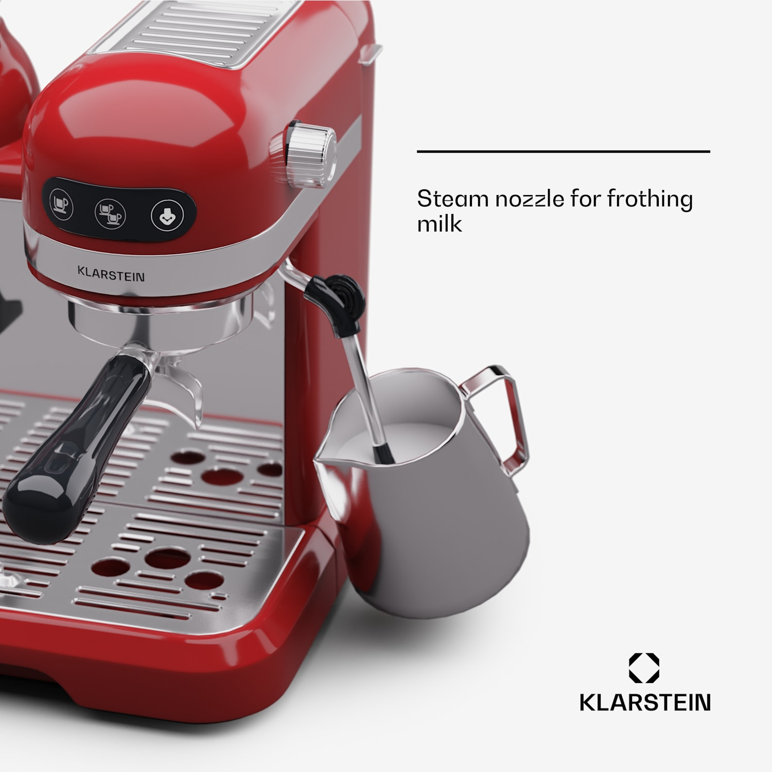Máquina de espresso roja con vaporizador espumando leche en jarra metálica.