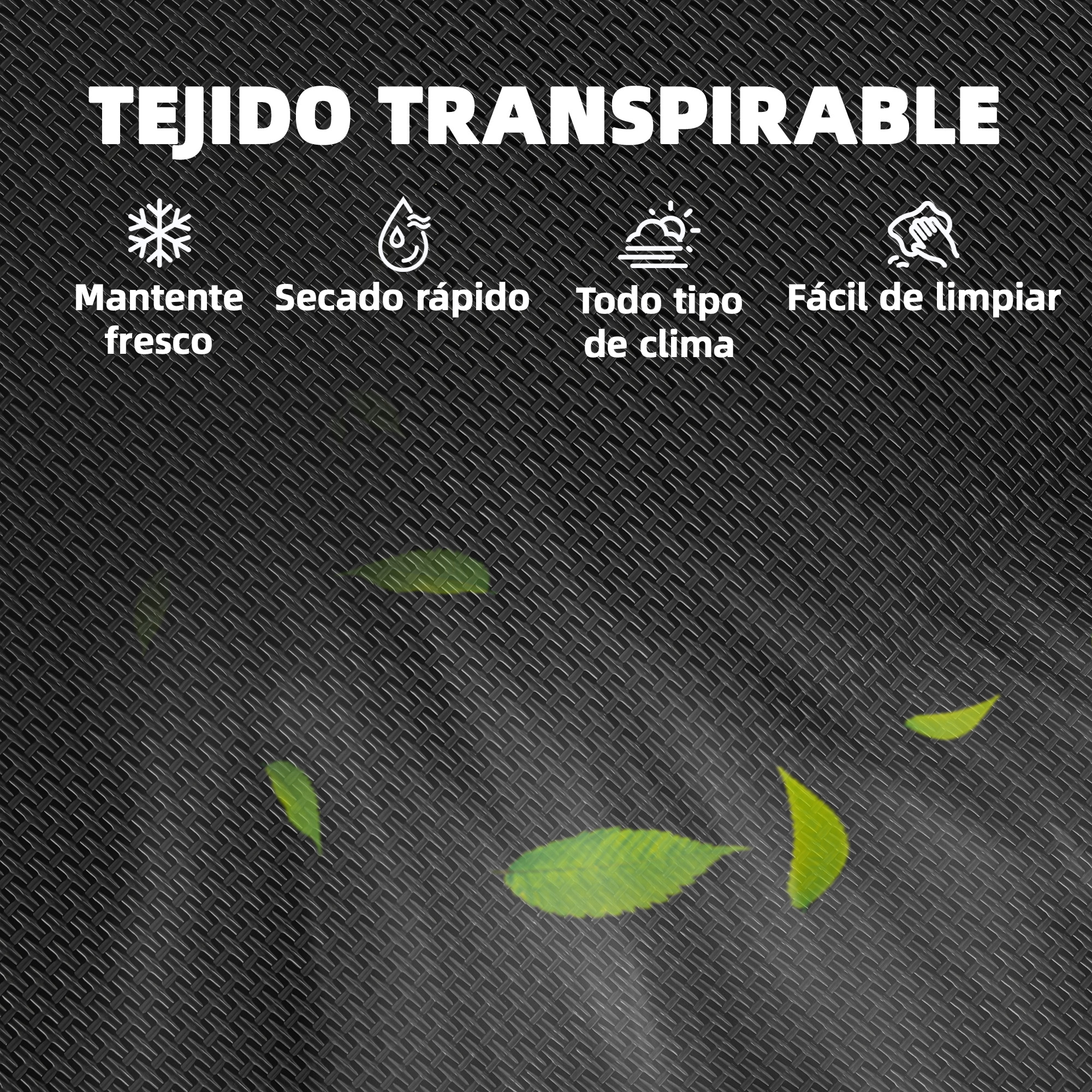 Tejido transpirable: Mantiene fresco, seca rápido, todo clima, fácil de limpiar.