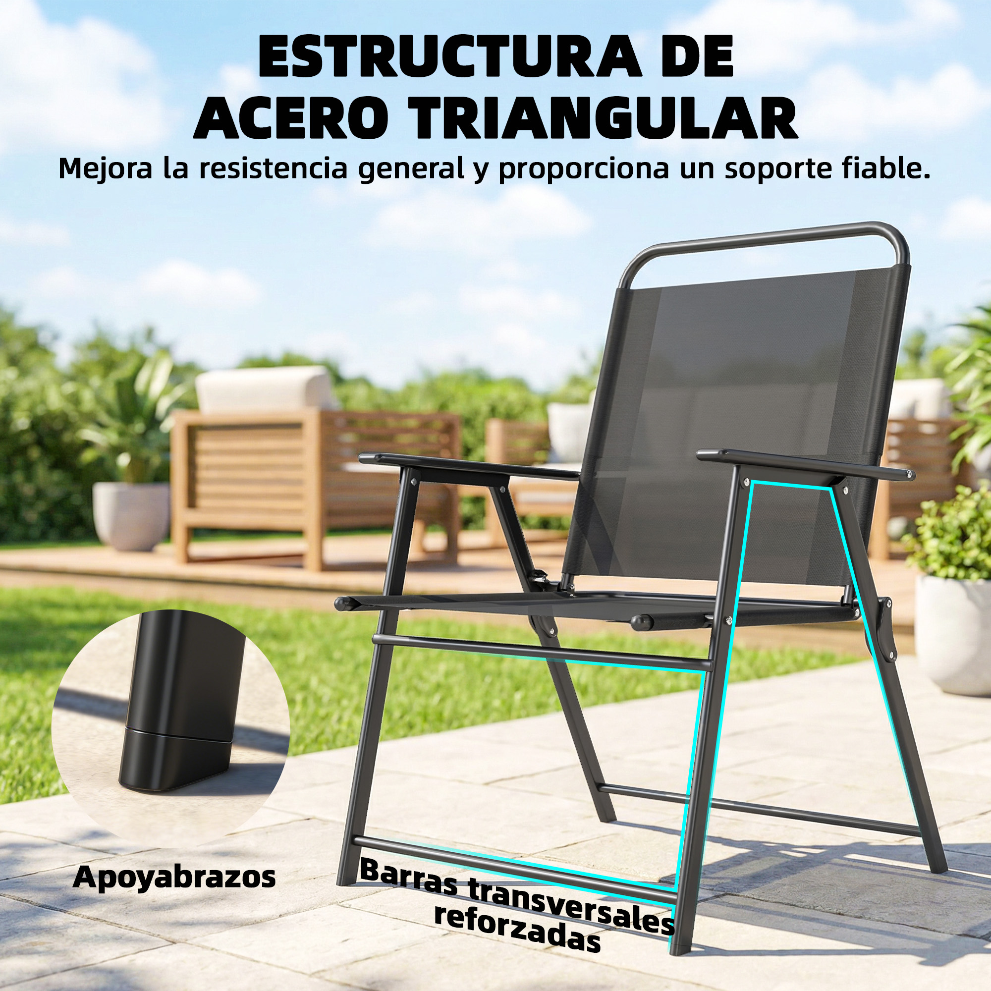 Una silla de metal negra con asiento de tela al aire libre, con texto.