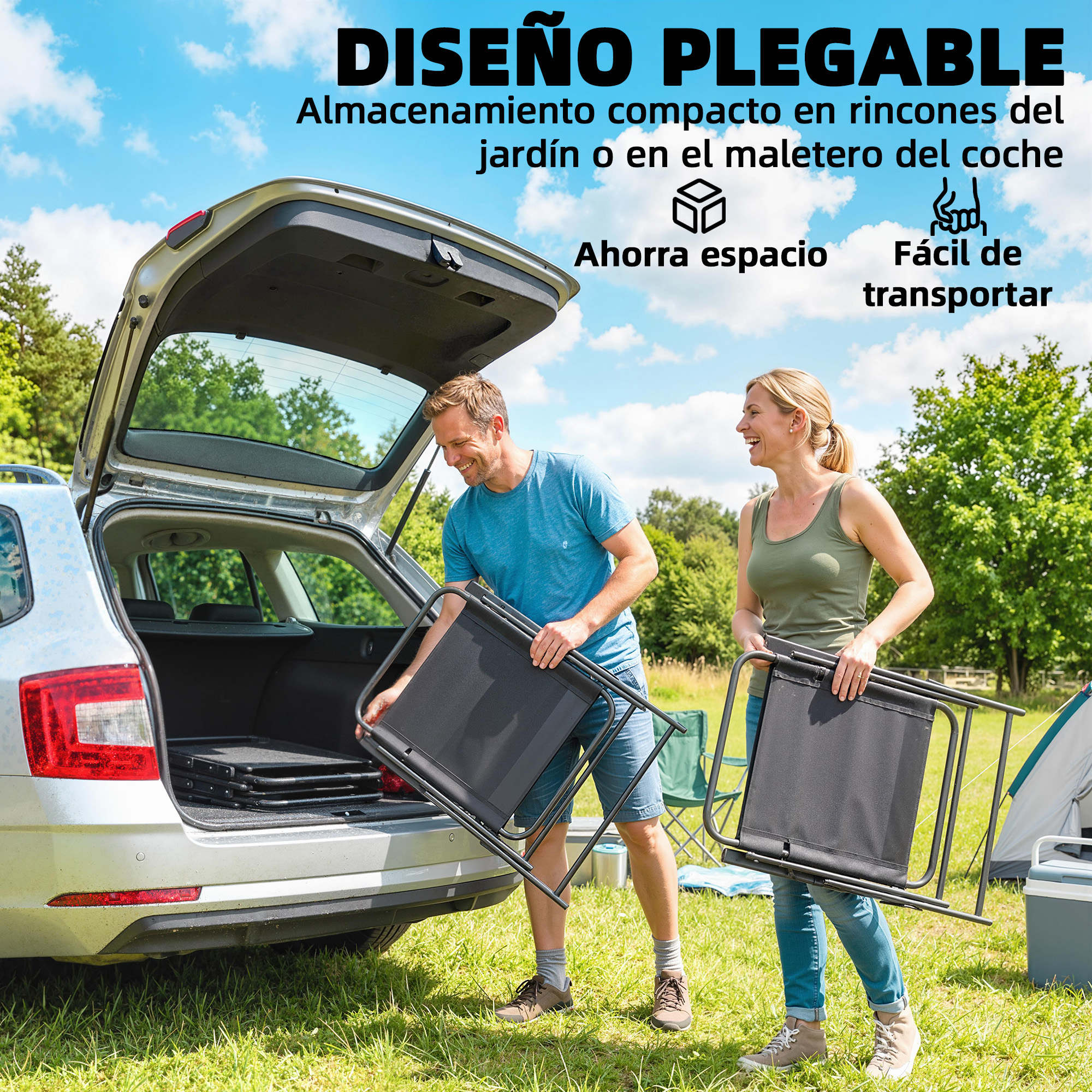 Pareja cargando sillas plegables en el maletero del coche al aire libre. Día soleado.