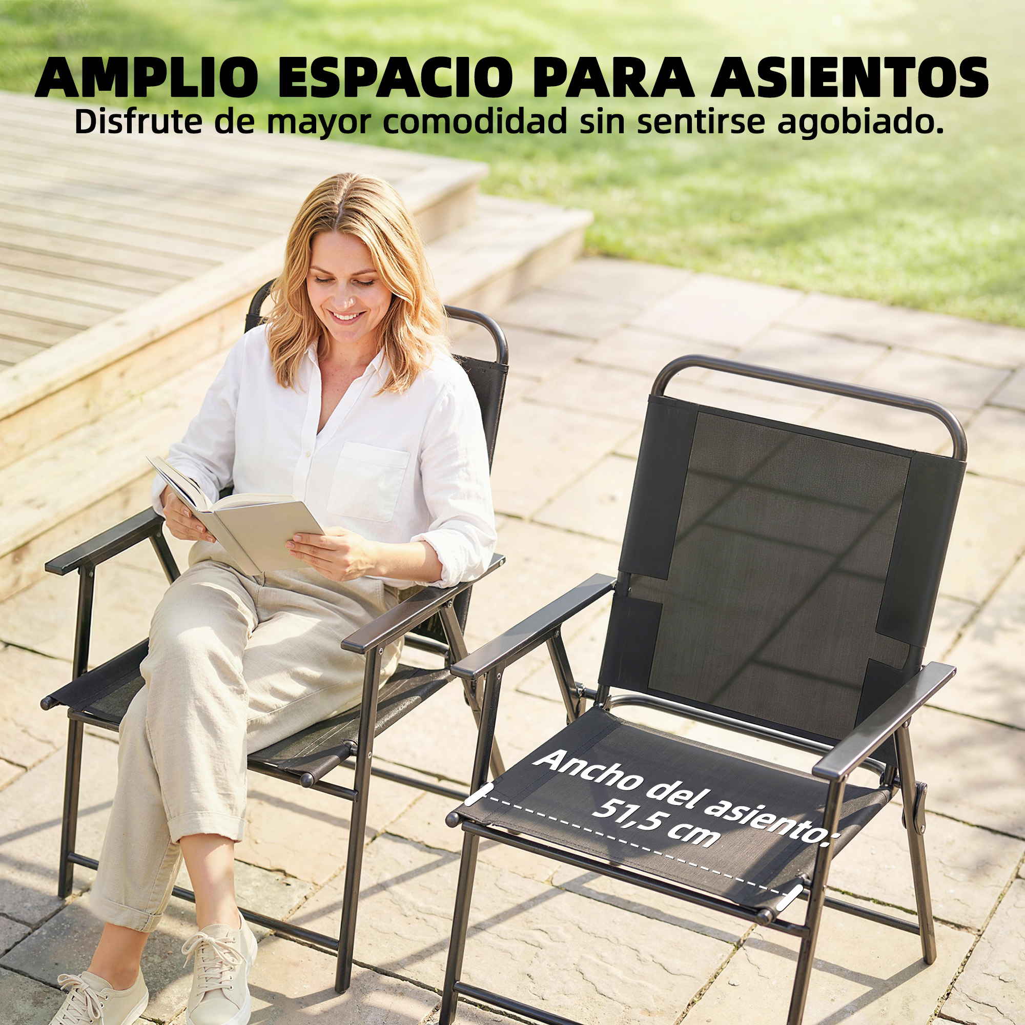 Una mujer lee en una silla al aire libre junto a otra silla.