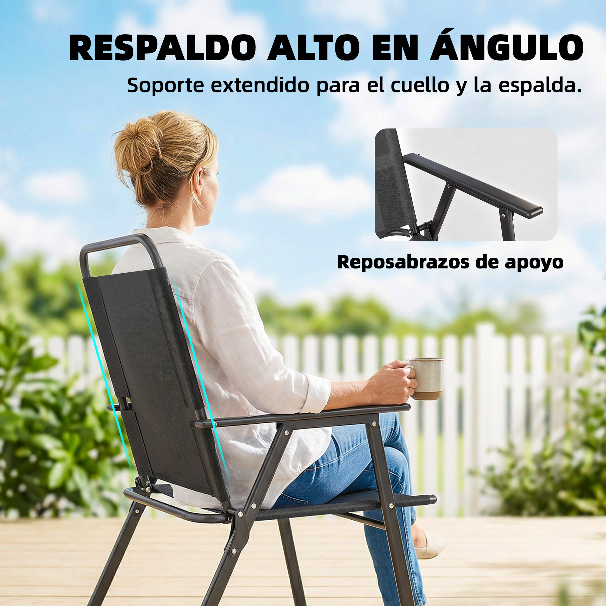Mujer sentada en una silla exterior sosteniendo una taza.