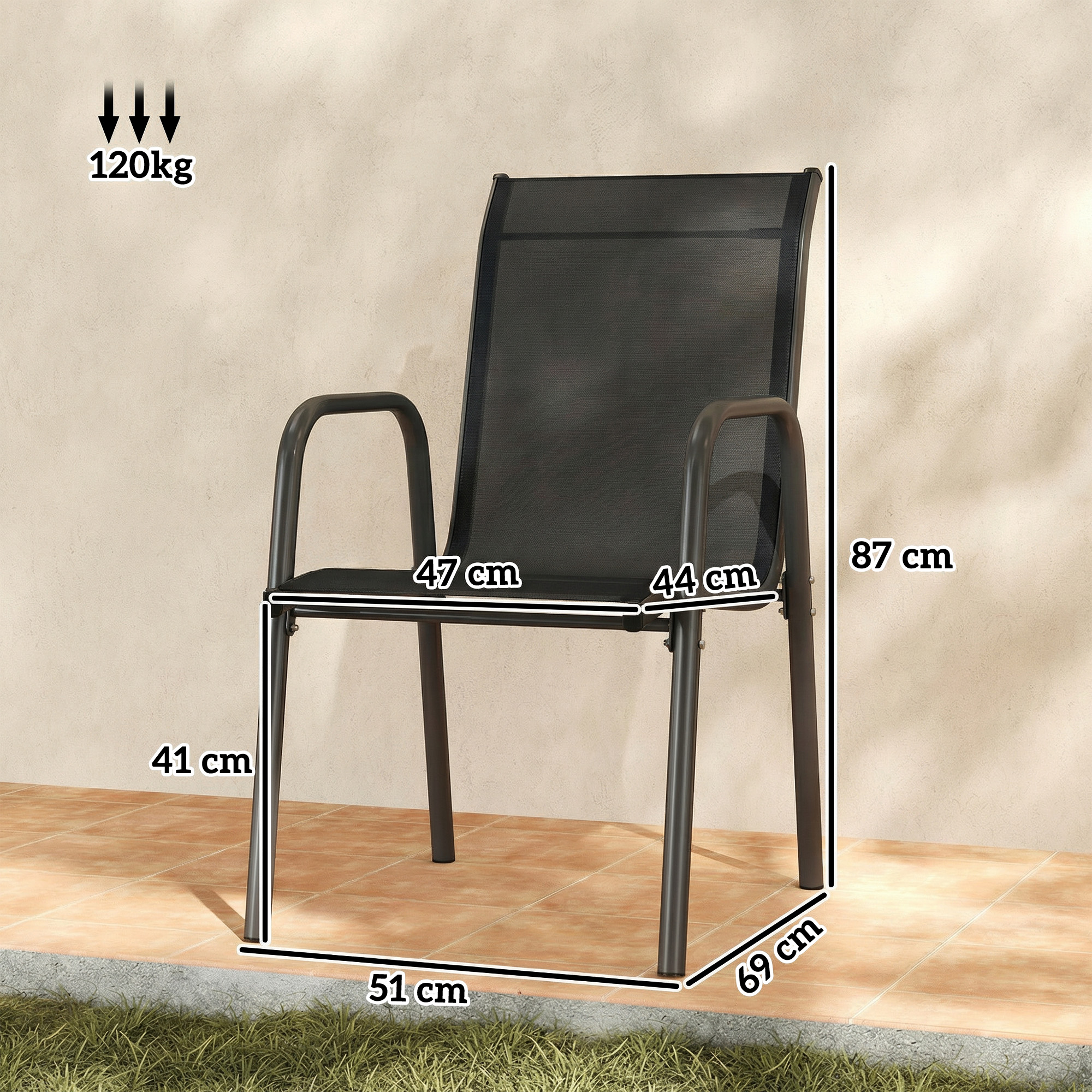 Sedia nera con telaio in metallo, capacità 120 kg. Le dimensioni sono indicate.
