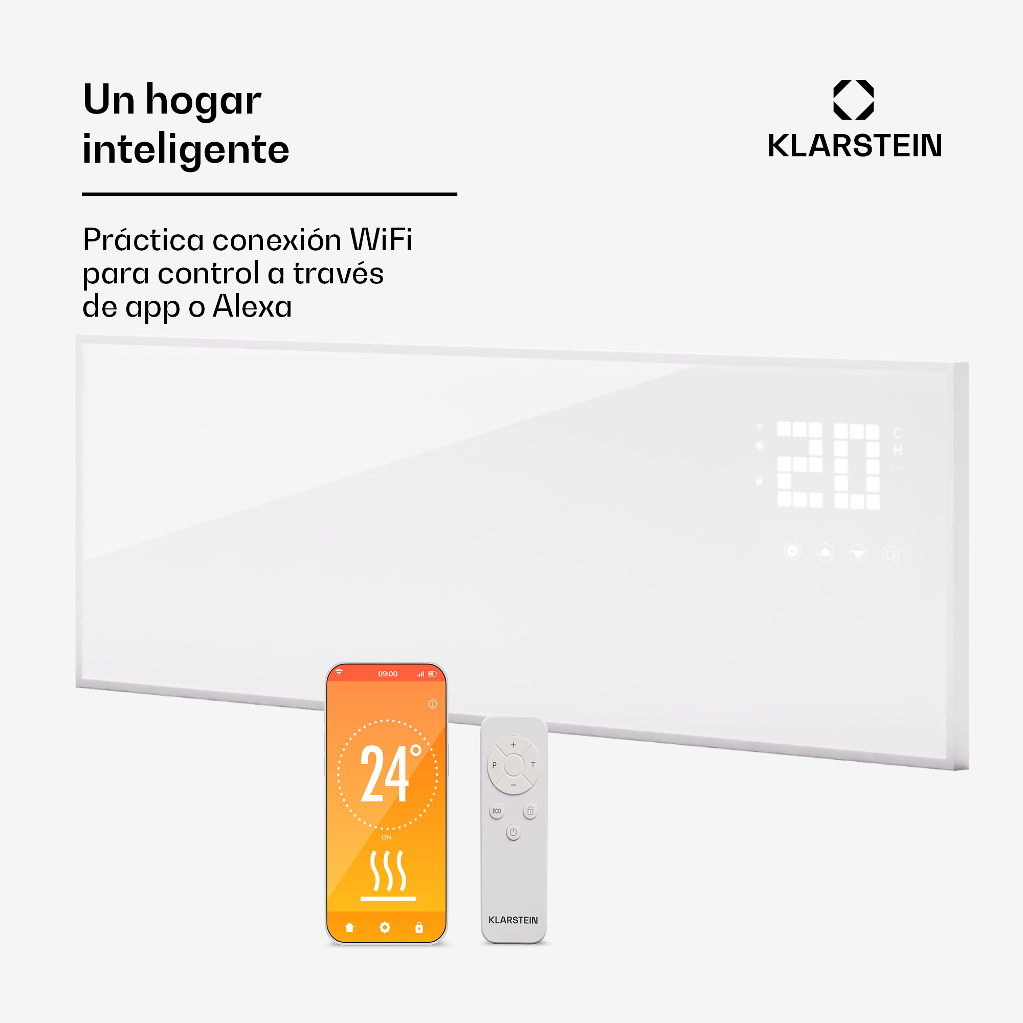 Un termoventilatore bianco con telecomando e smartphone che mostra la temperatura.