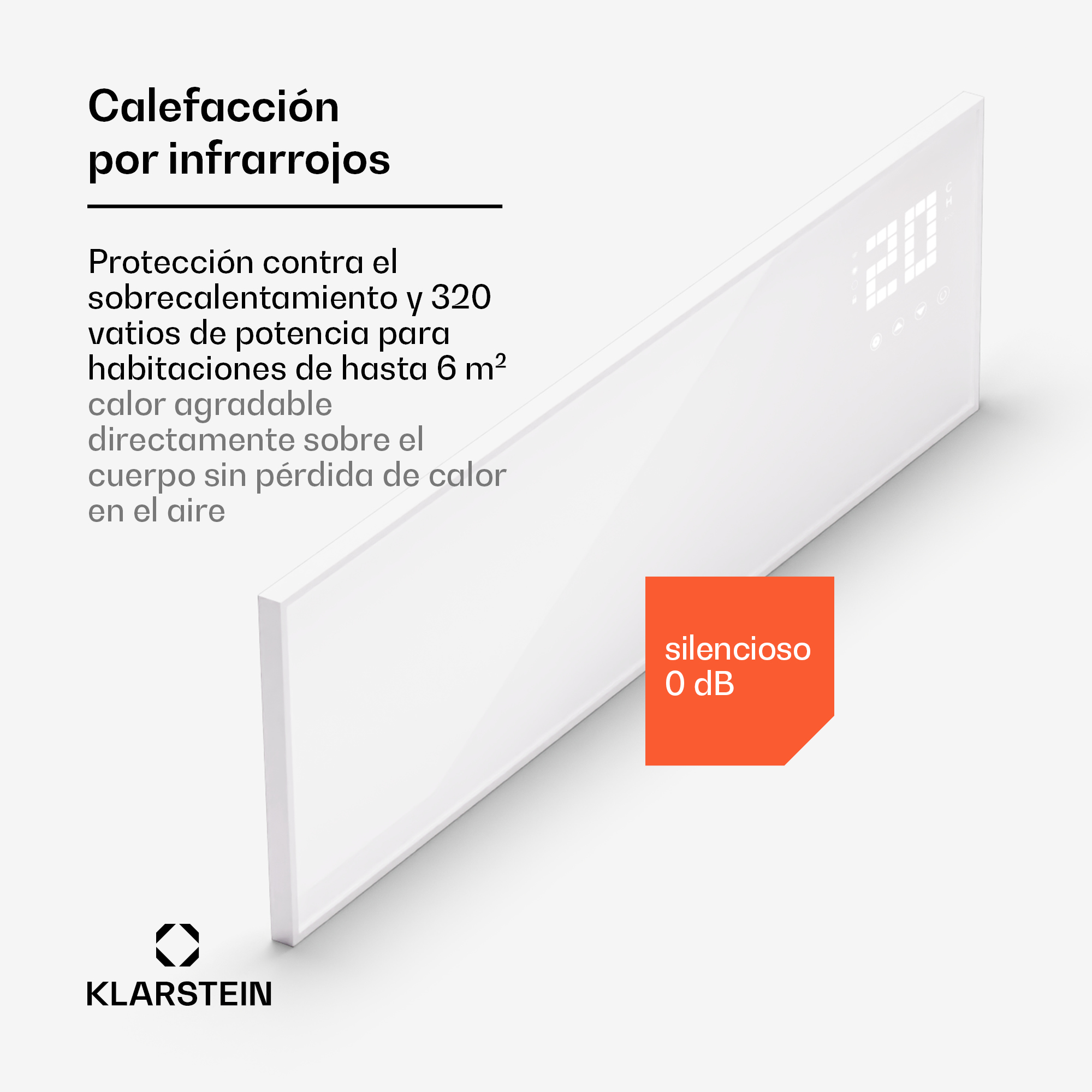 Riscaldatore infrarosso bianco con display digitale 20, logo Klarstein, adesivo arancione 0 dB.
