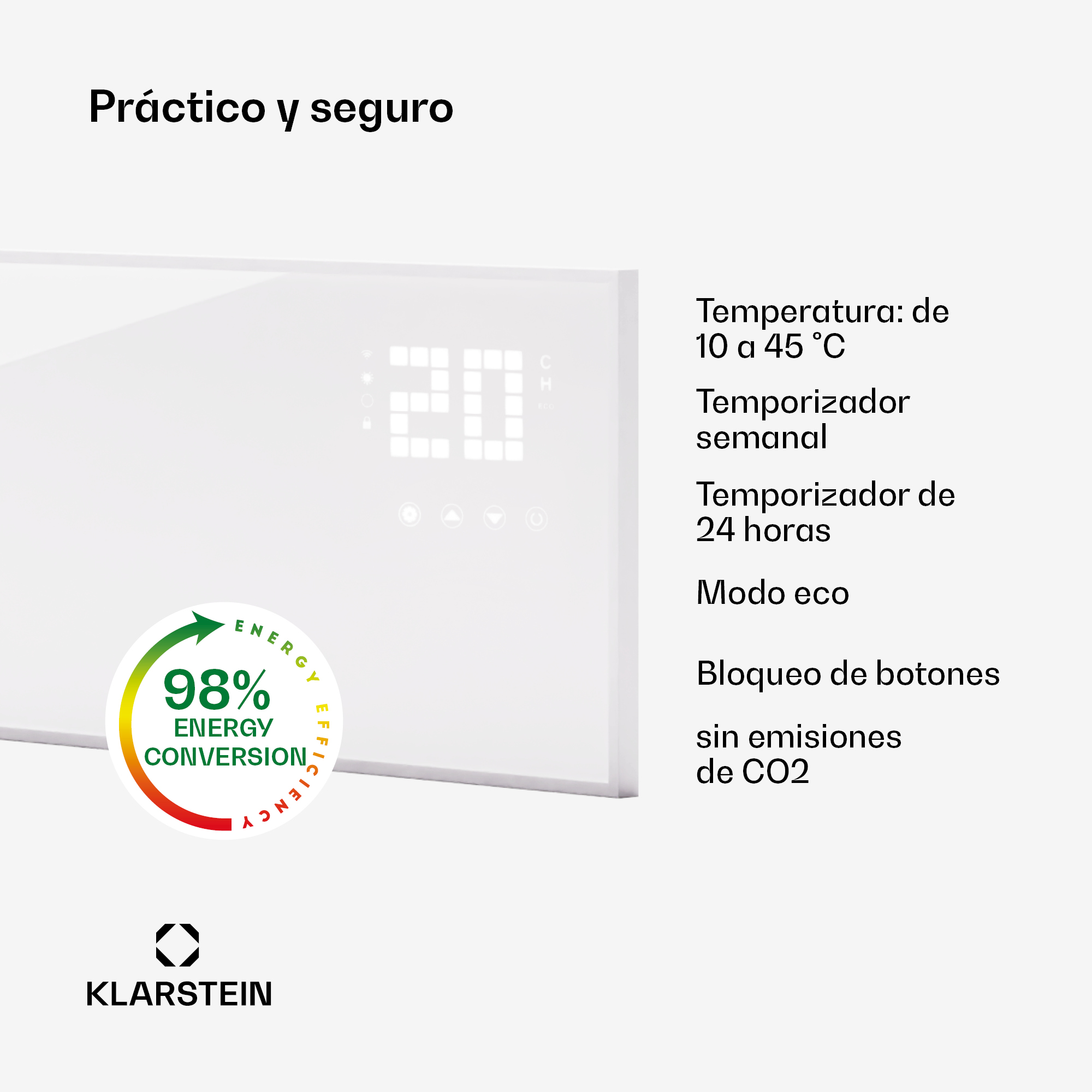 Un riscaldatore bianco con display digitale '20' e etichetta energetica '98%'.