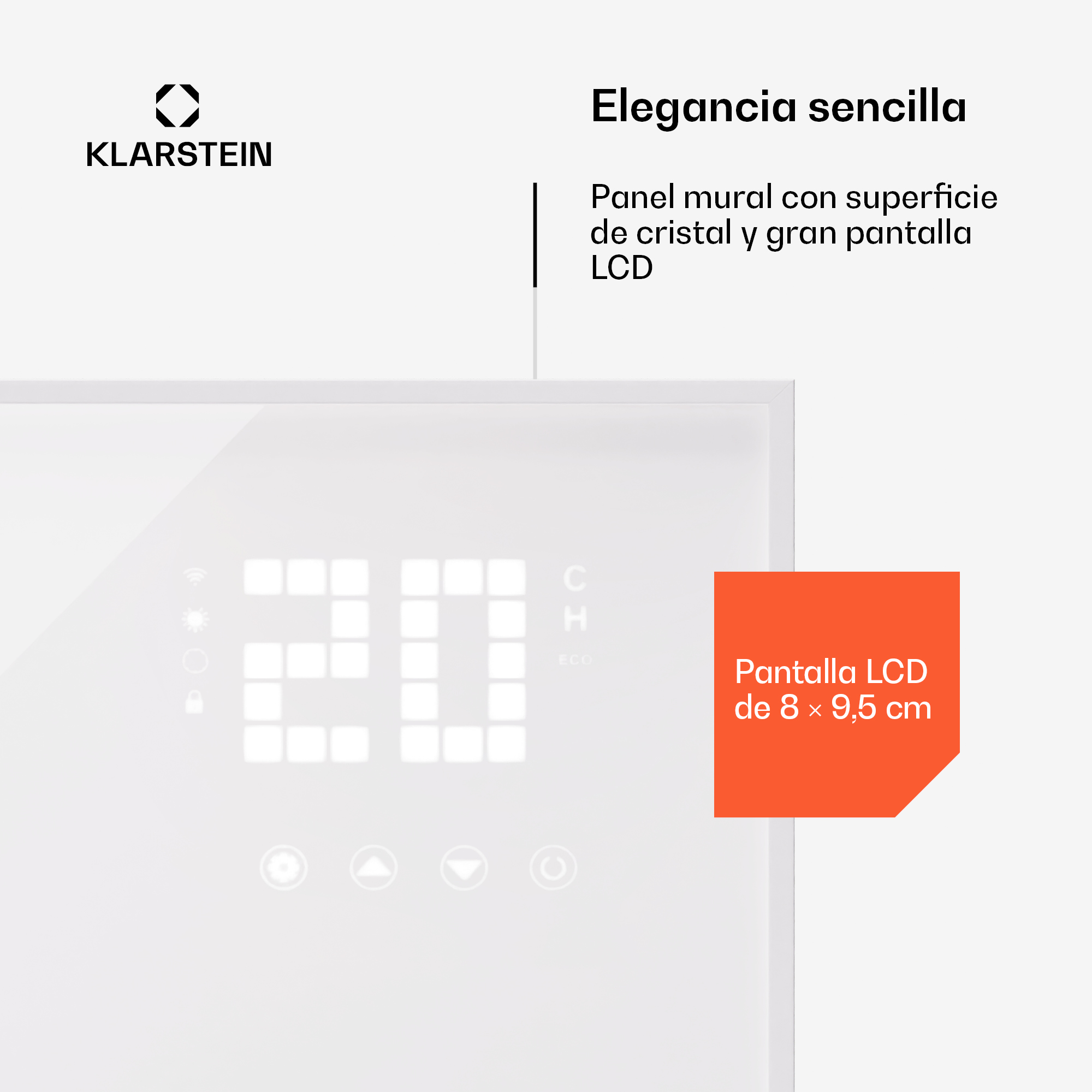 Pannello Klarstein con display LCD che mostra 20 gradi e box informativo arancione.