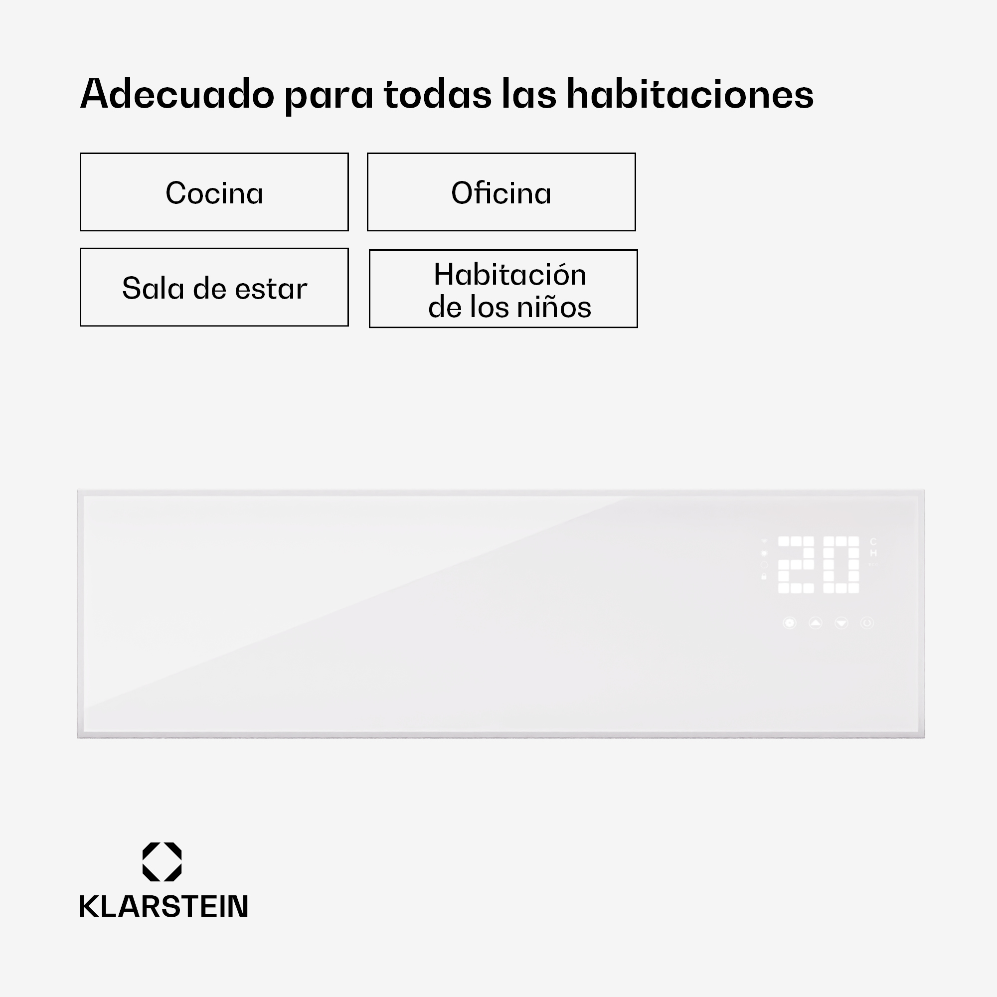 Un riscaldatore bianco con display digitale (20) e logo Klarstein.