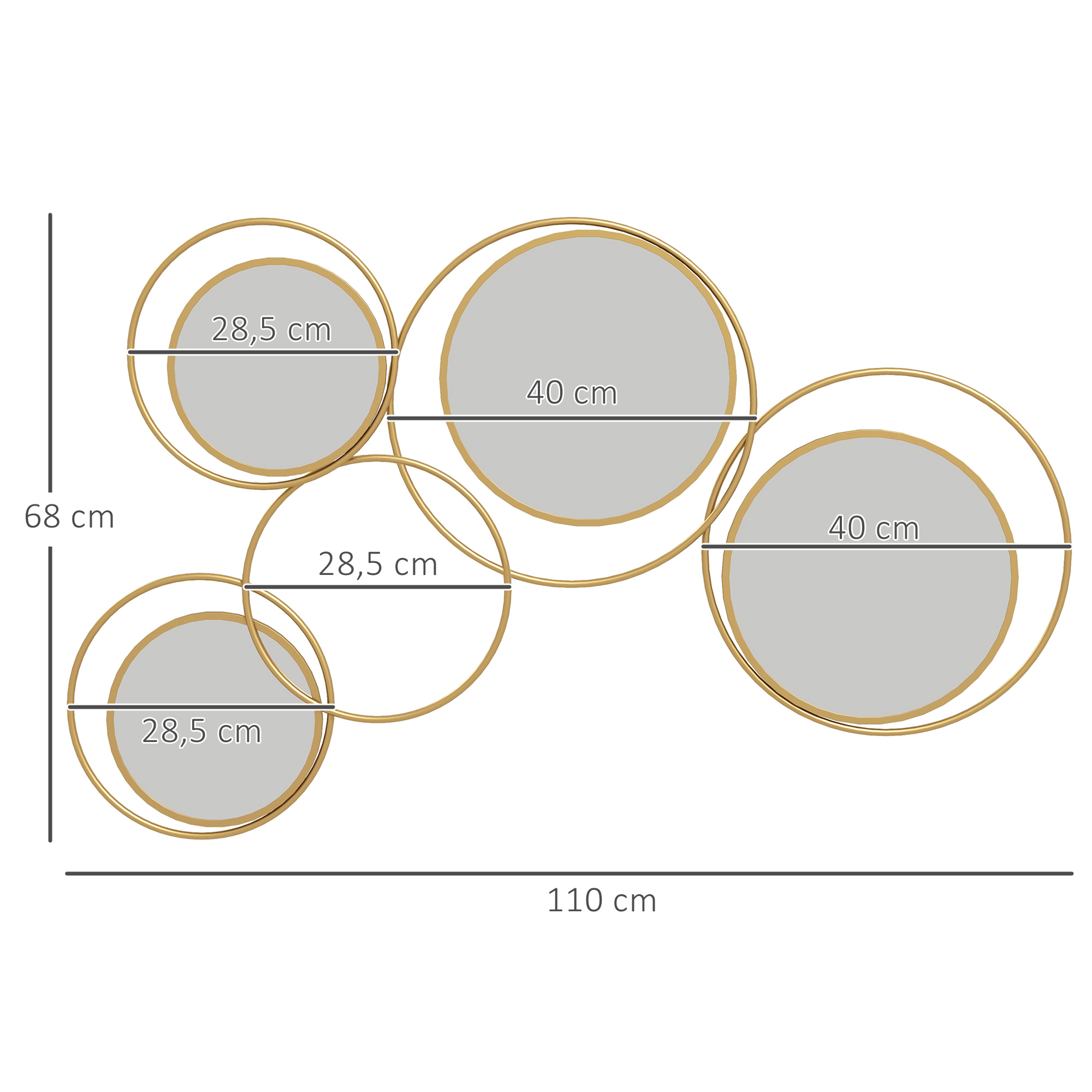 Círculos dorados con espejos y dimensiones: 110cm ancho, 68cm alto.